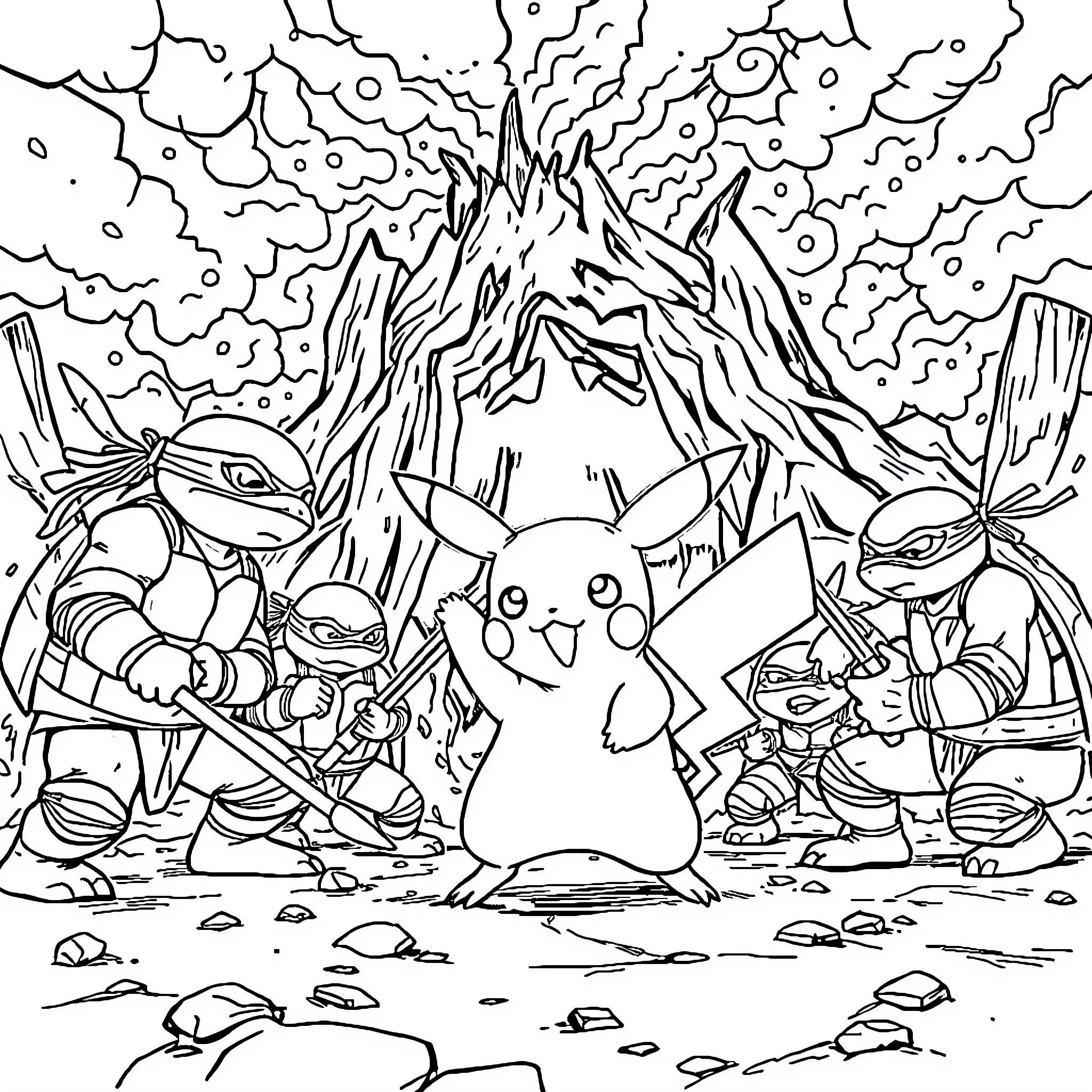 Pikachu and Pokemon Friends in Exciting Adventure Coloring Page (free black-and-white line drawing printable PDF for all, from beginners to advanced learners, including children, teens, adults, and seniors)