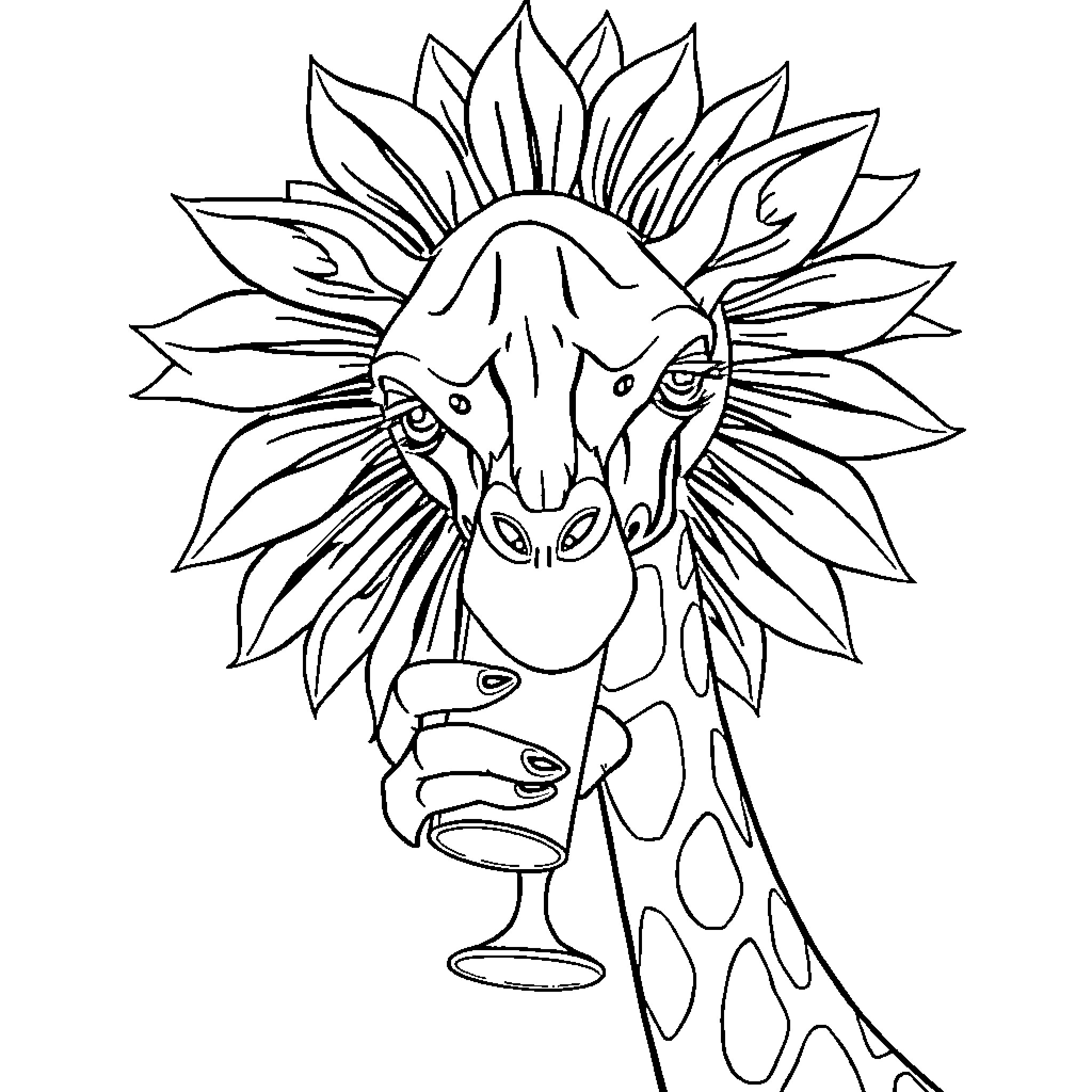 Girasol - Giraffe with sunflower-inspired hairstyle Coloring Page (free black-and-white line drawing printable PDF for all, from beginners to advanced learners, including children, teens, adults, and seniors)