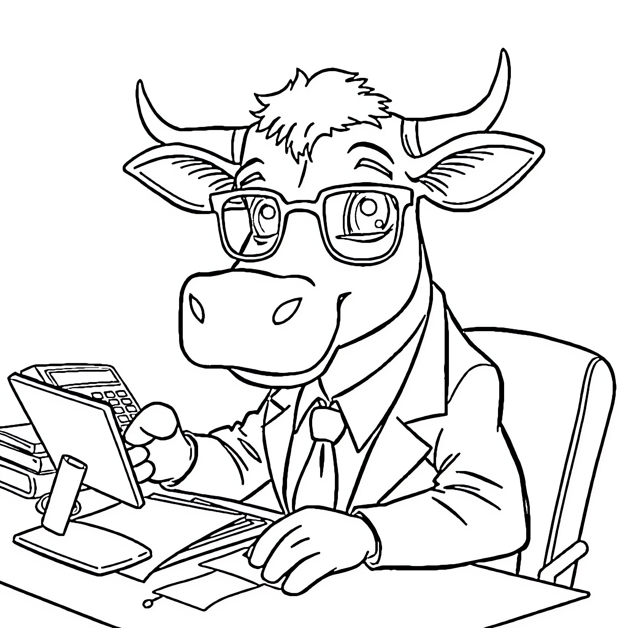Accountant cow working at desk with calculator Coloring Page (free black-and-white line drawing printable PDF for all, from beginners to advanced learners, including children, teens, adults, and seniors)