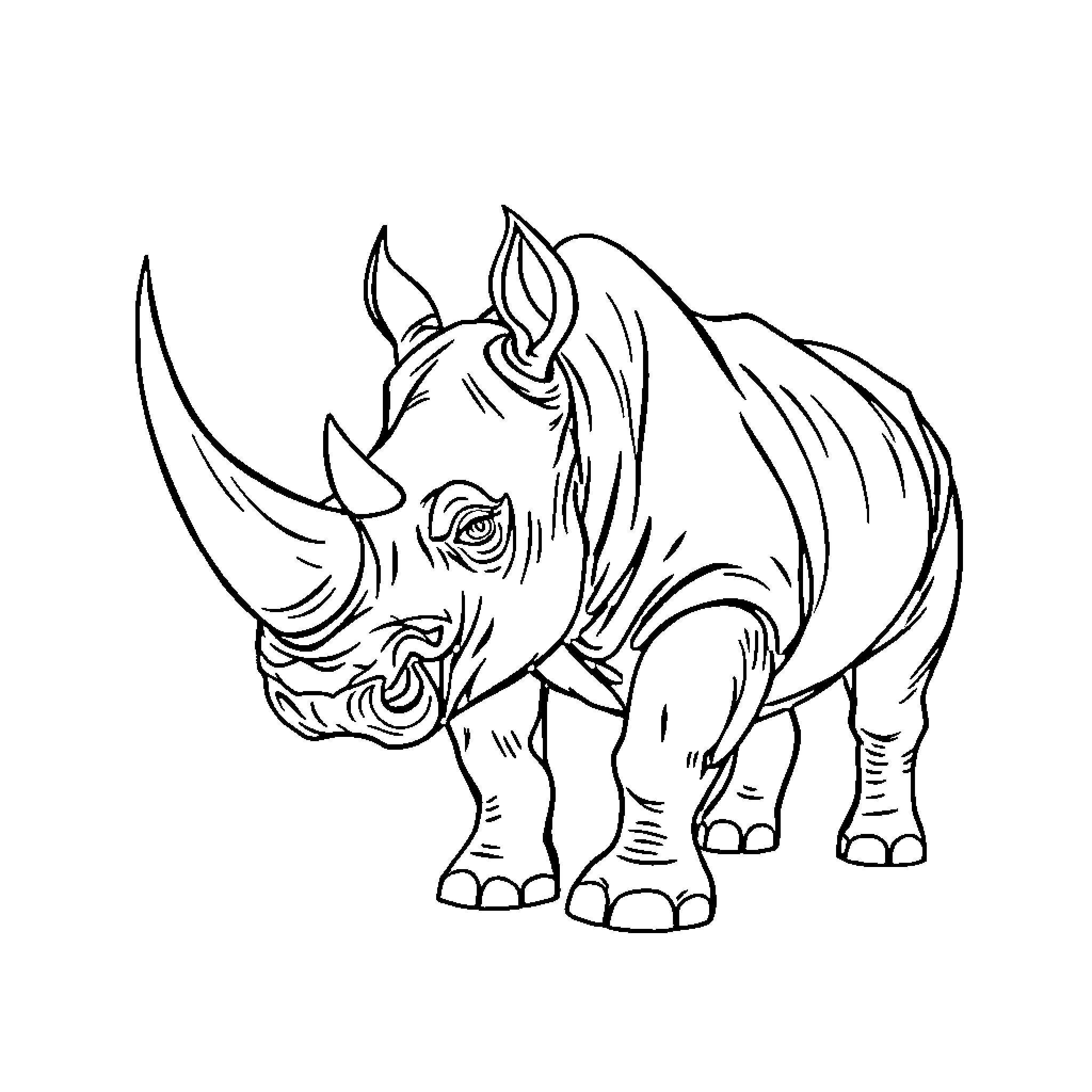 Rhino standing alert in the wild Coloring Page (free black-and-white line drawing printable PDF for all, from beginners to advanced learners, including children, teens, adults, and seniors)