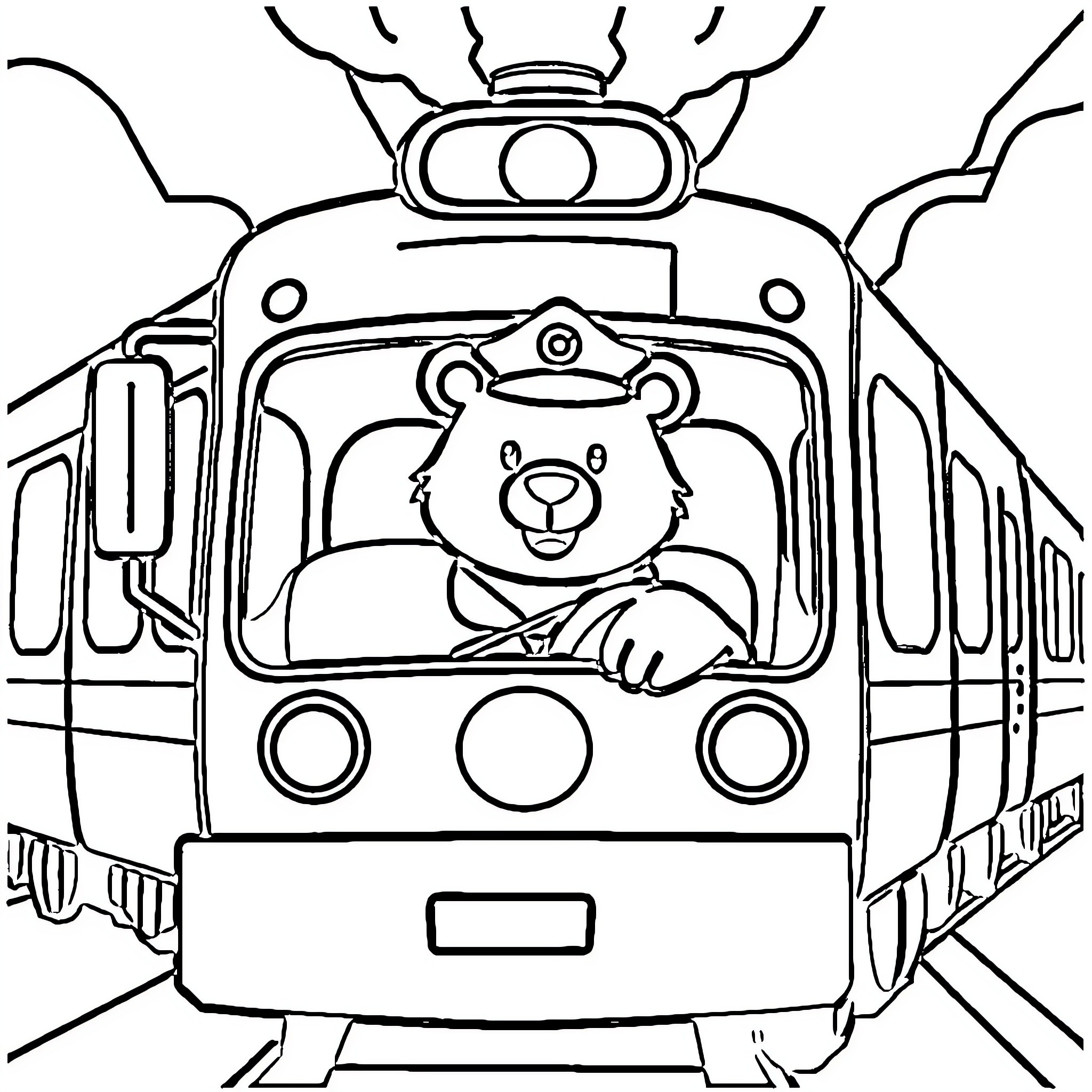 Bear riding a fun and whimsical train Coloring Page (free black-and-white line drawing printable PDF for all, from beginners to advanced learners, including children, teens, adults, and seniors)