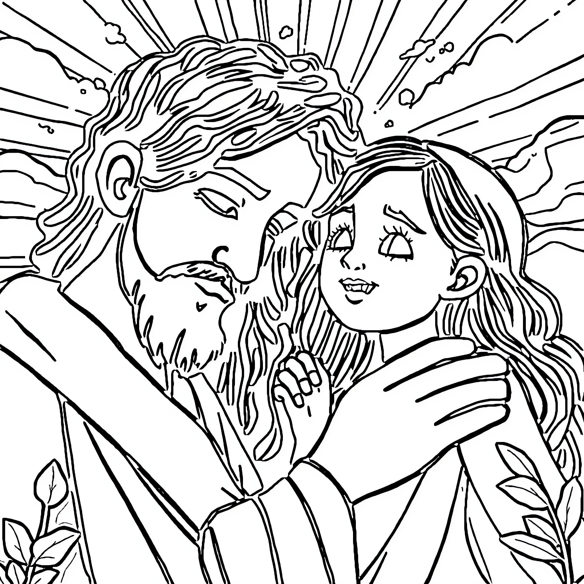 Bible Verses - Man and Woman Embracing Coloring Page (free black-and-white line drawing printable PDF for all, from beginners to advanced learners, including children, teens, adults, and seniors)