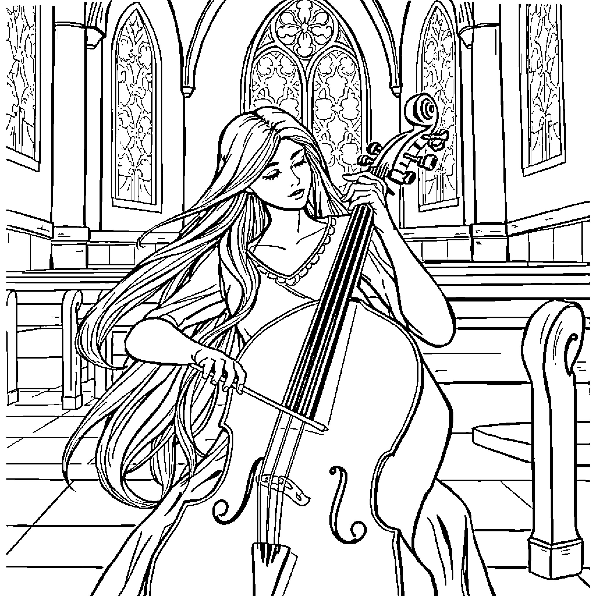Cello Performance in Ornate Cathedral Coloring Page (free black-and-white line drawing printable PDF for all, from beginners to advanced learners, including children, teens, adults, and seniors)
