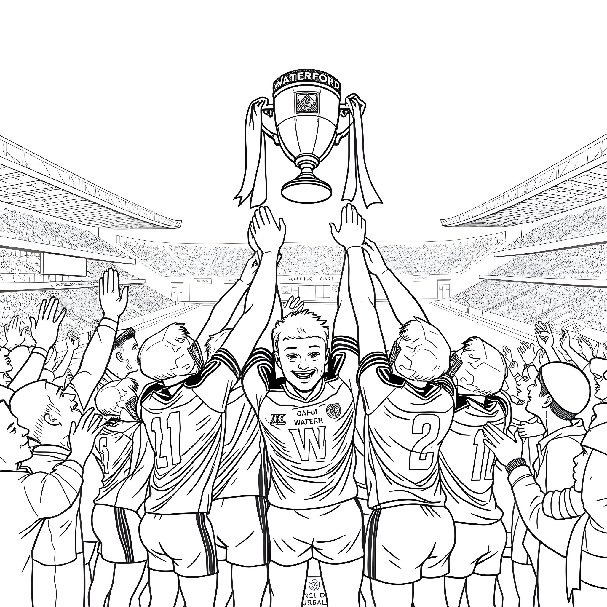 Liam McCarthy Cup - Victorious team raises trophy in celebration Coloring Page (free black-and-white line drawing printable PDF for all, from beginners to advanced learners, including children, teens, adults, and seniors)