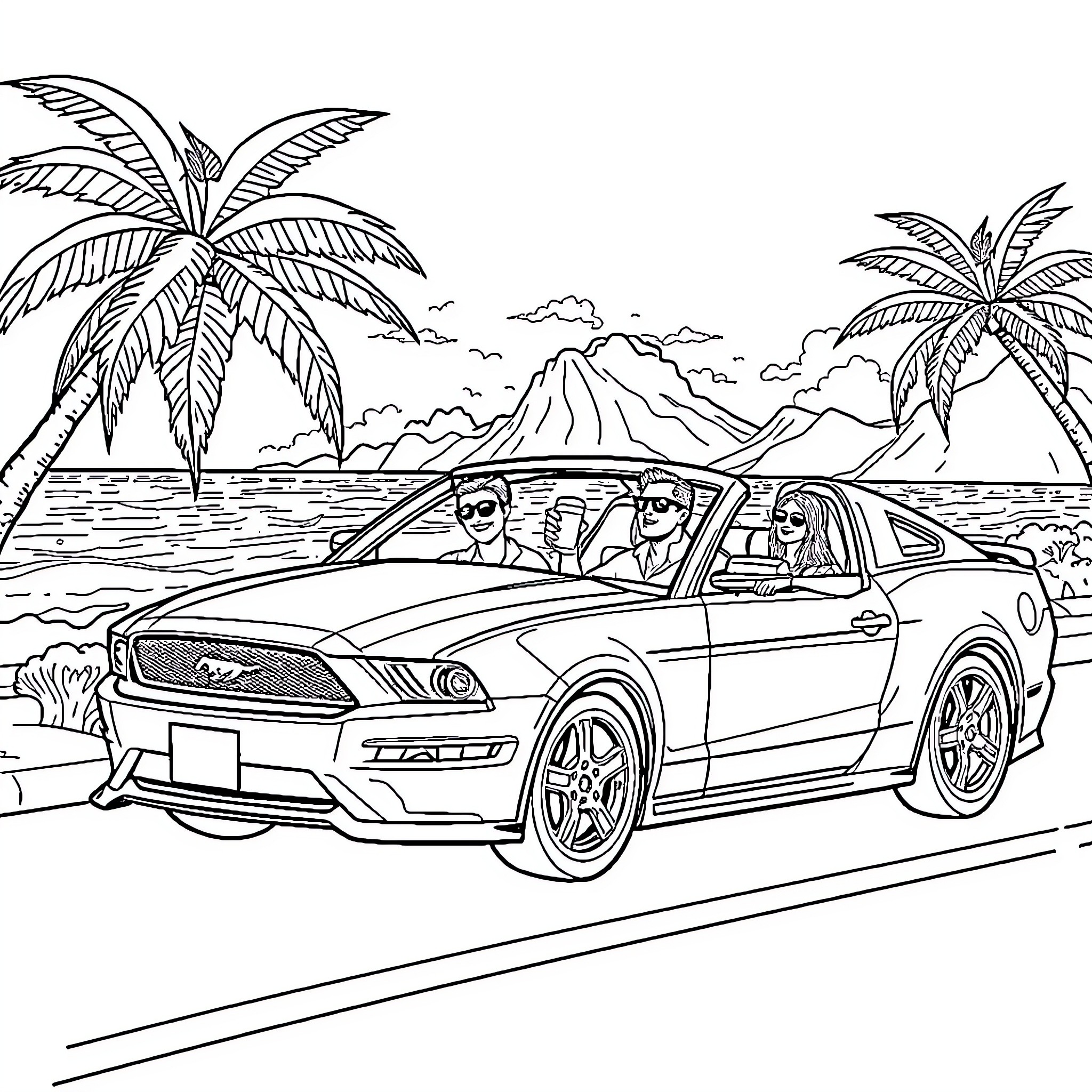 Mustang Cruising on Beach with Palm Trees Coloring Page (free black-and-white line drawing printable PDF for all, from beginners to advanced learners, including children, teens, adults, and seniors)