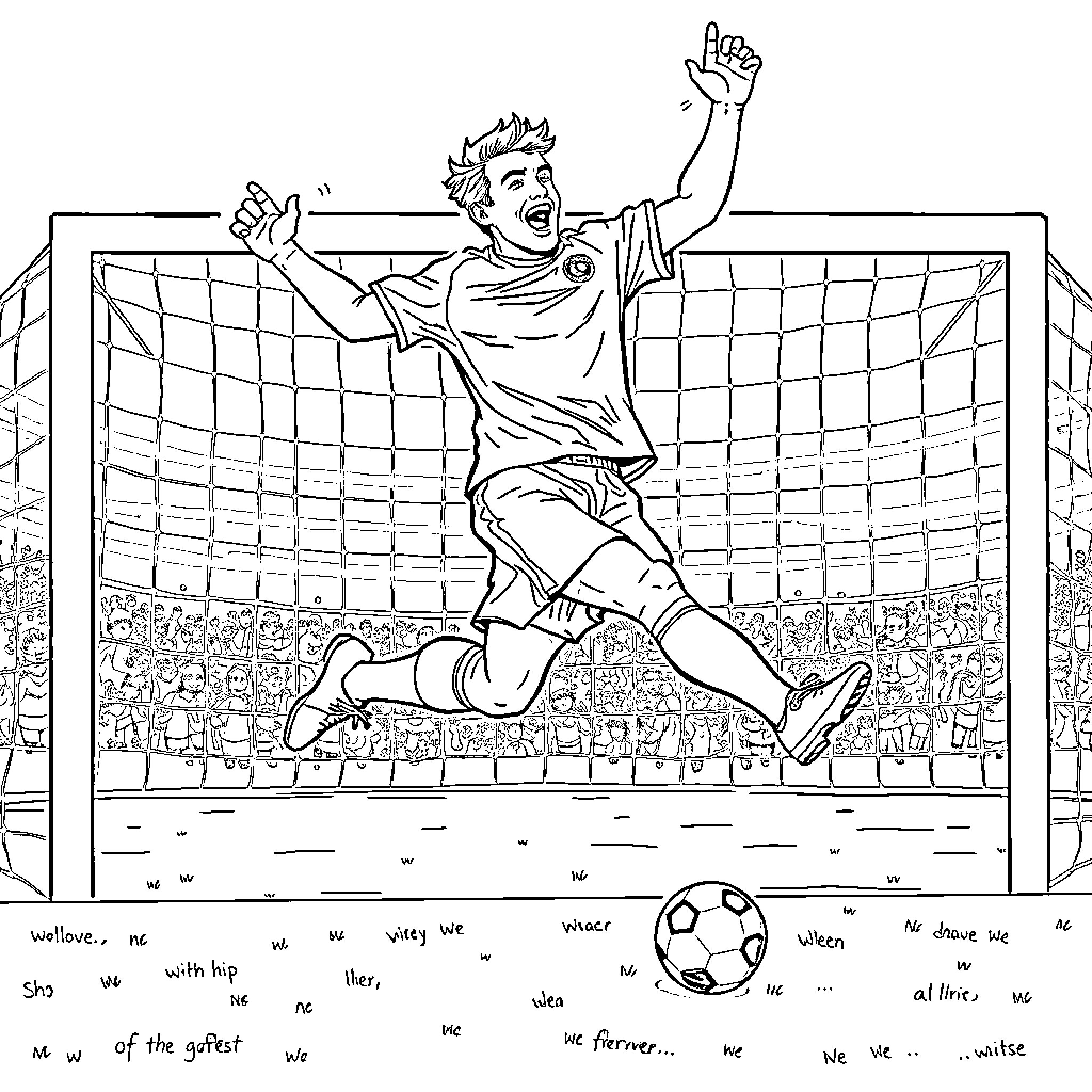 Football Player Celebrating Goal on Field Coloring Page (free black-and-white line drawing printable PDF for all, from beginners to advanced learners, including children, teens, adults, and seniors)