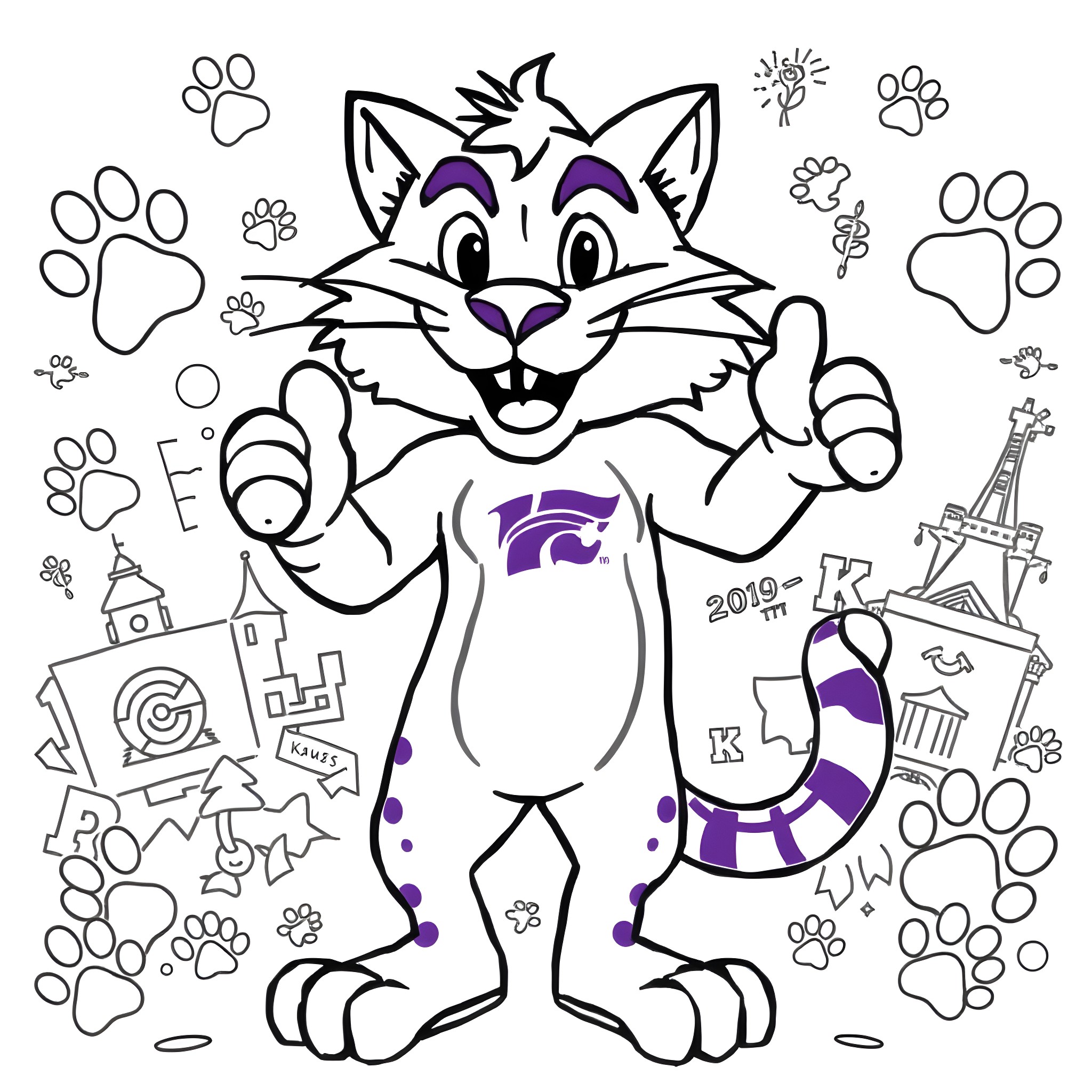 Wildcat Character with Playful Expressions and Accessories Coloring Page (free black-and-white line drawing printable PDF for all, from beginners to advanced learners, including children, teens, adults, and seniors)