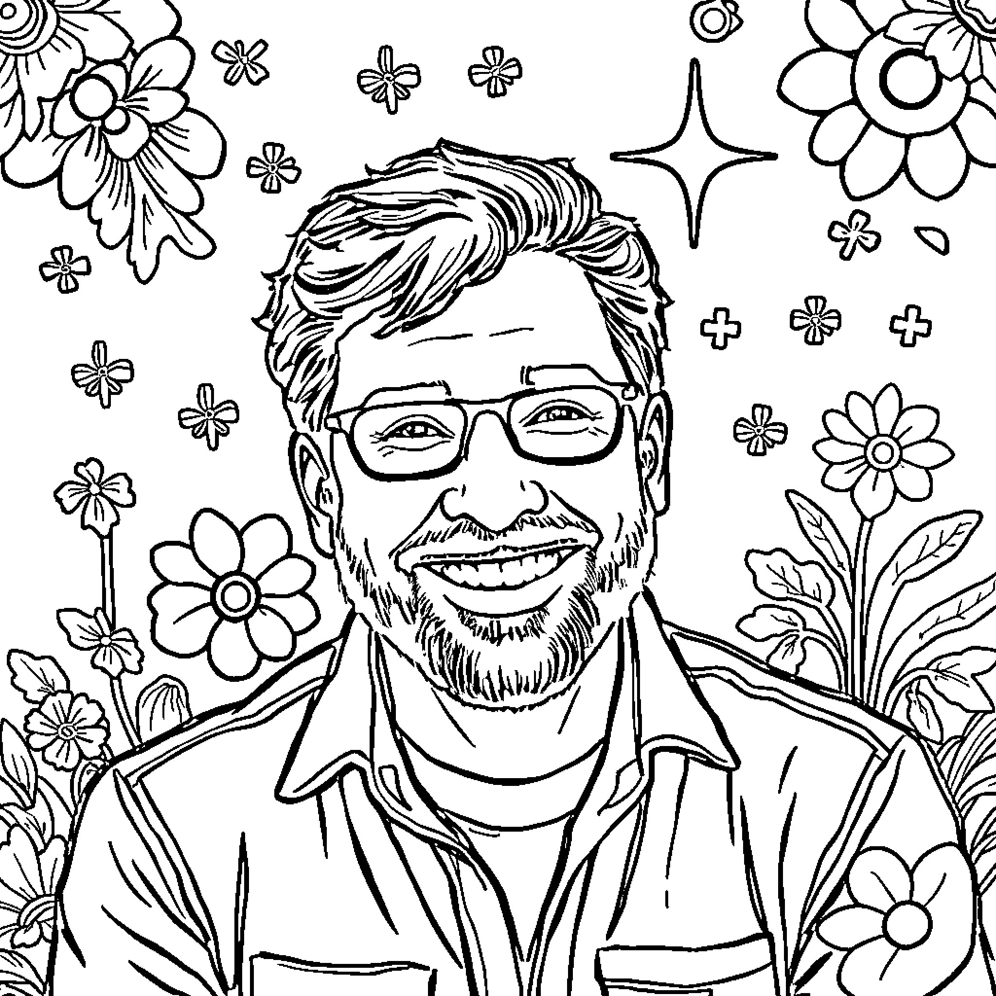 Bobby Nash surrounded by whimsical floral elements Coloring Page (free black-and-white line drawing printable PDF for all, from beginners to advanced learners, including children, teens, adults, and seniors)