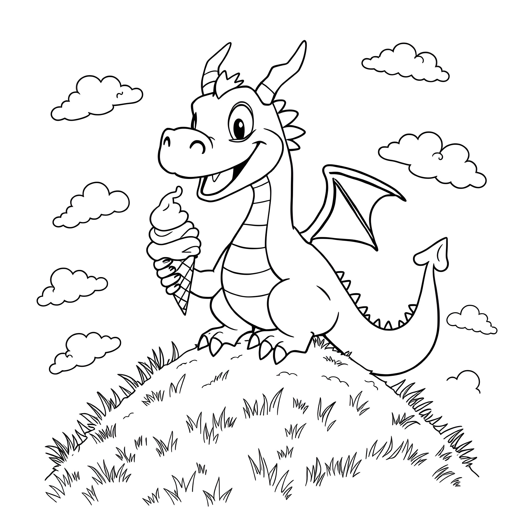 Dragon enjoying a tasty ice cream cone in the meadow Coloring Page (free black-and-white line drawing printable PDF for all, from beginners to advanced learners, including children, teens, adults, and seniors)