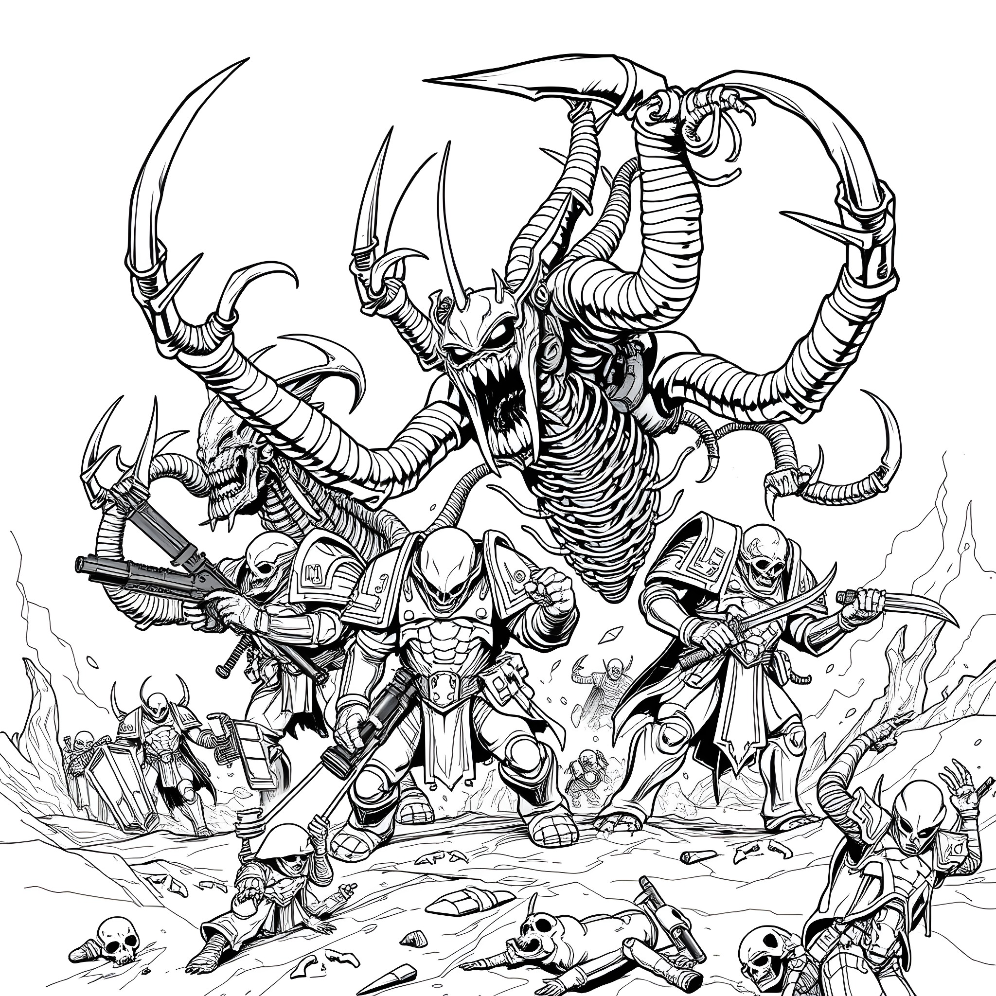 Tyranid Horde Assaulting Heavily Armored Soldiers Coloring Page (free black-and-white line drawing printable PDF for all, from beginners to advanced learners, including children, teens, adults, and seniors)