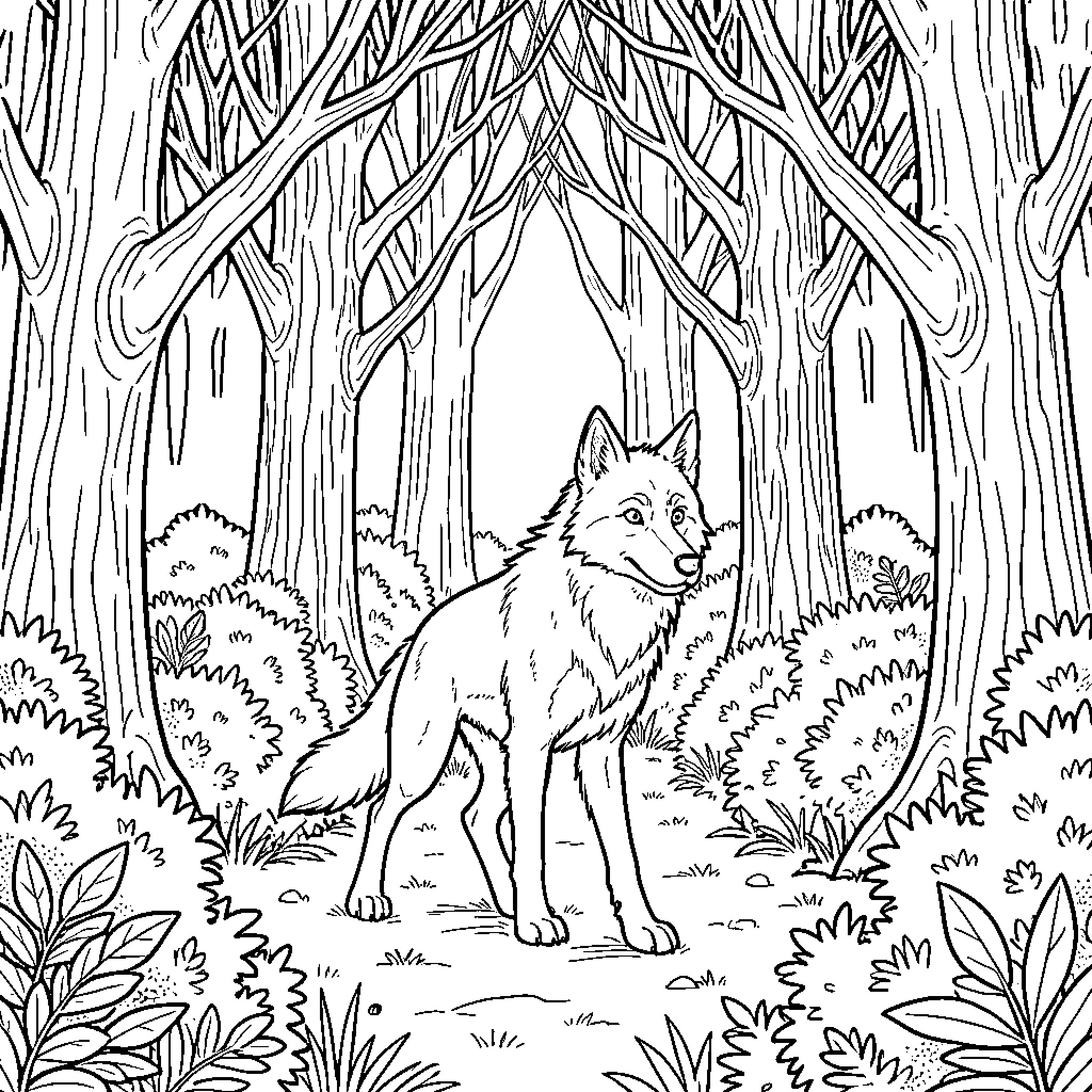 Wolf exploring a lush forest Coloring Page (free black-and-white line drawing printable PDF for all, from beginners to advanced learners, including children, teens, adults, and seniors)