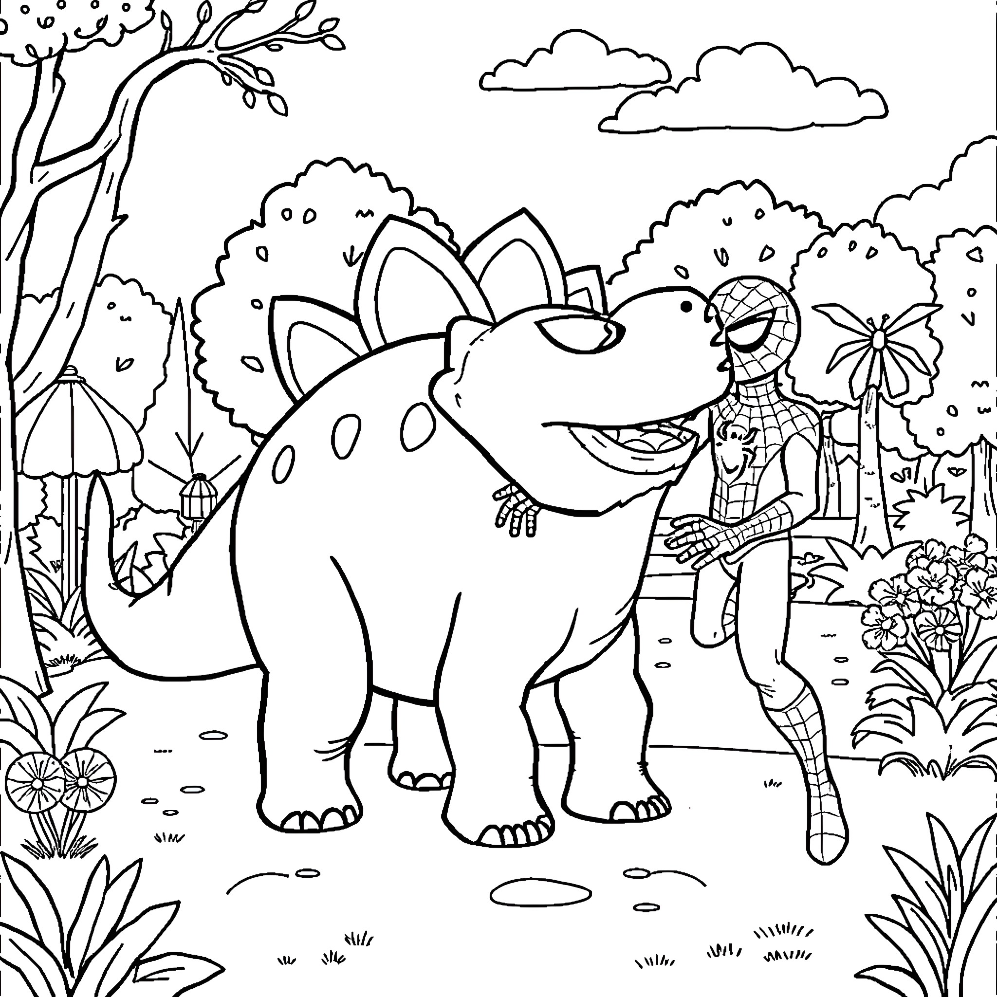 Triceratops exploring the lush jungle with Spider-Man Coloring Page (free black-and-white line drawing printable PDF for all, from beginners to advanced learners, including children, teens, adults, and seniors)