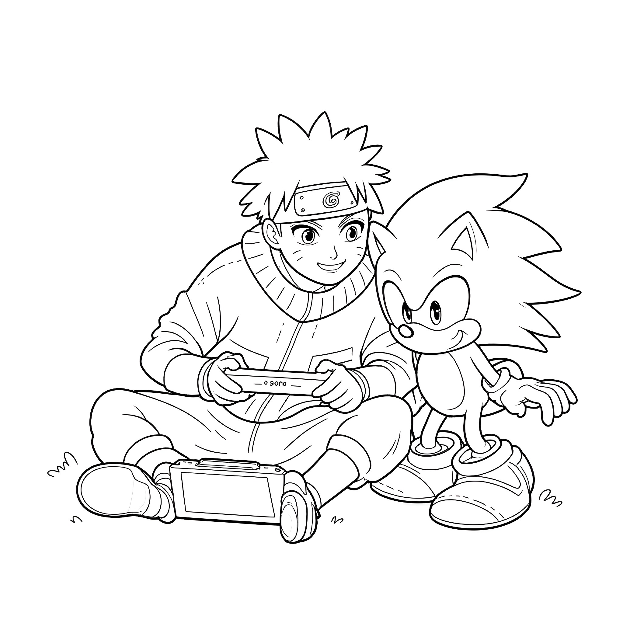 Naruto and Sonic playing video games together Coloring Page (free black-and-white line drawing printable PDF for all, from beginners to advanced learners, including children, teens, adults, and seniors)