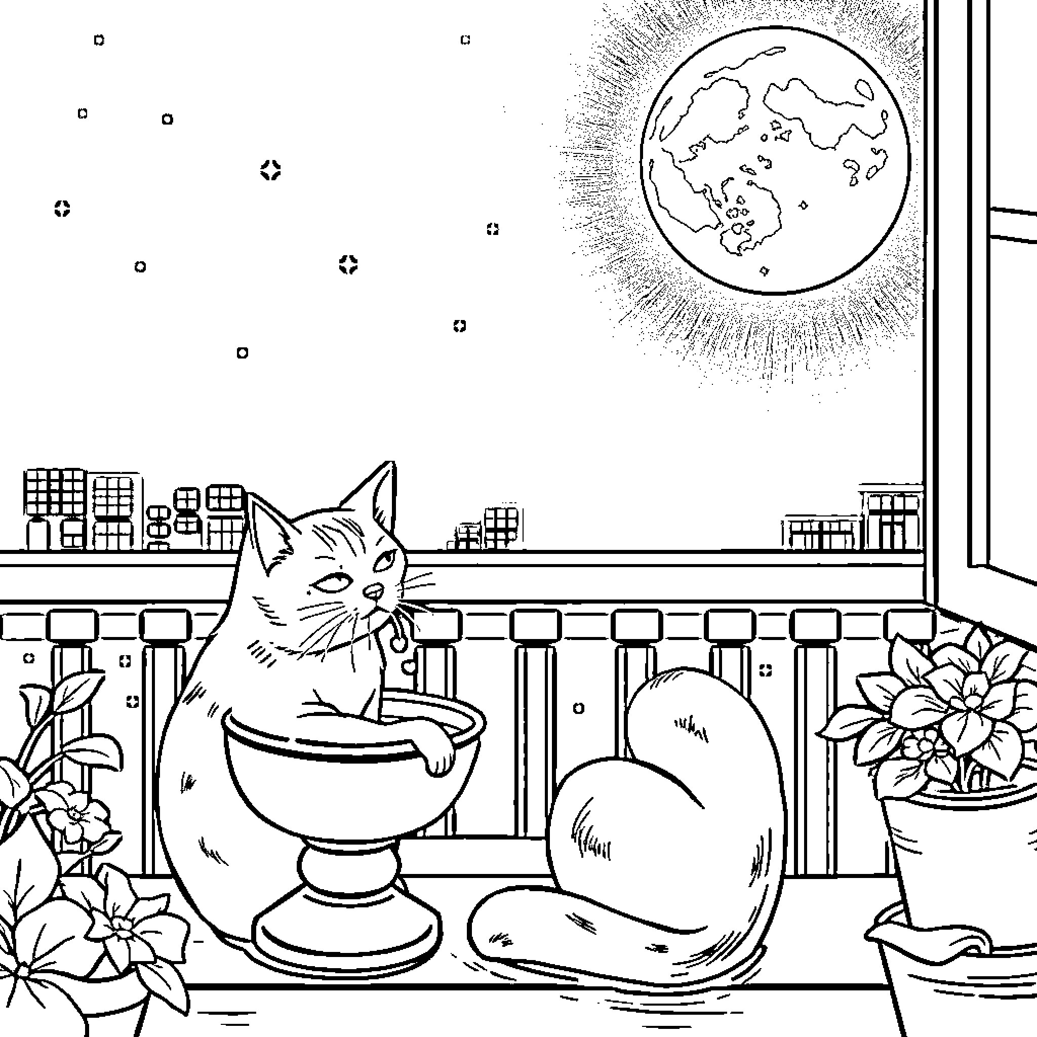 Gato relaxing on windowsill with city view Coloring Page (free black-and-white line drawing printable PDF for all, from beginners to advanced learners, including children, teens, adults, and seniors)
