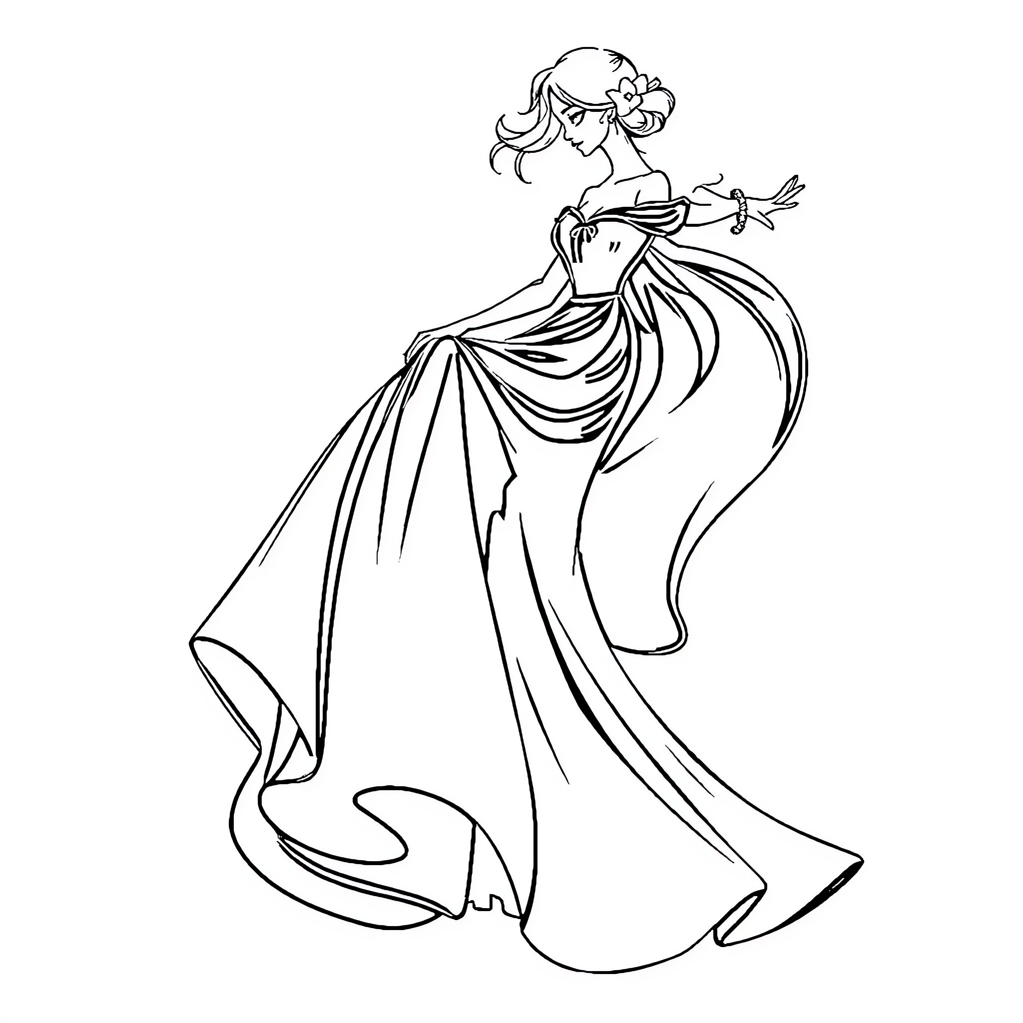 Dress of graceful dancing woman Coloring Page (free black-and-white line drawing printable PDF for all, from beginners to advanced learners, including children, teens, adults, and seniors)