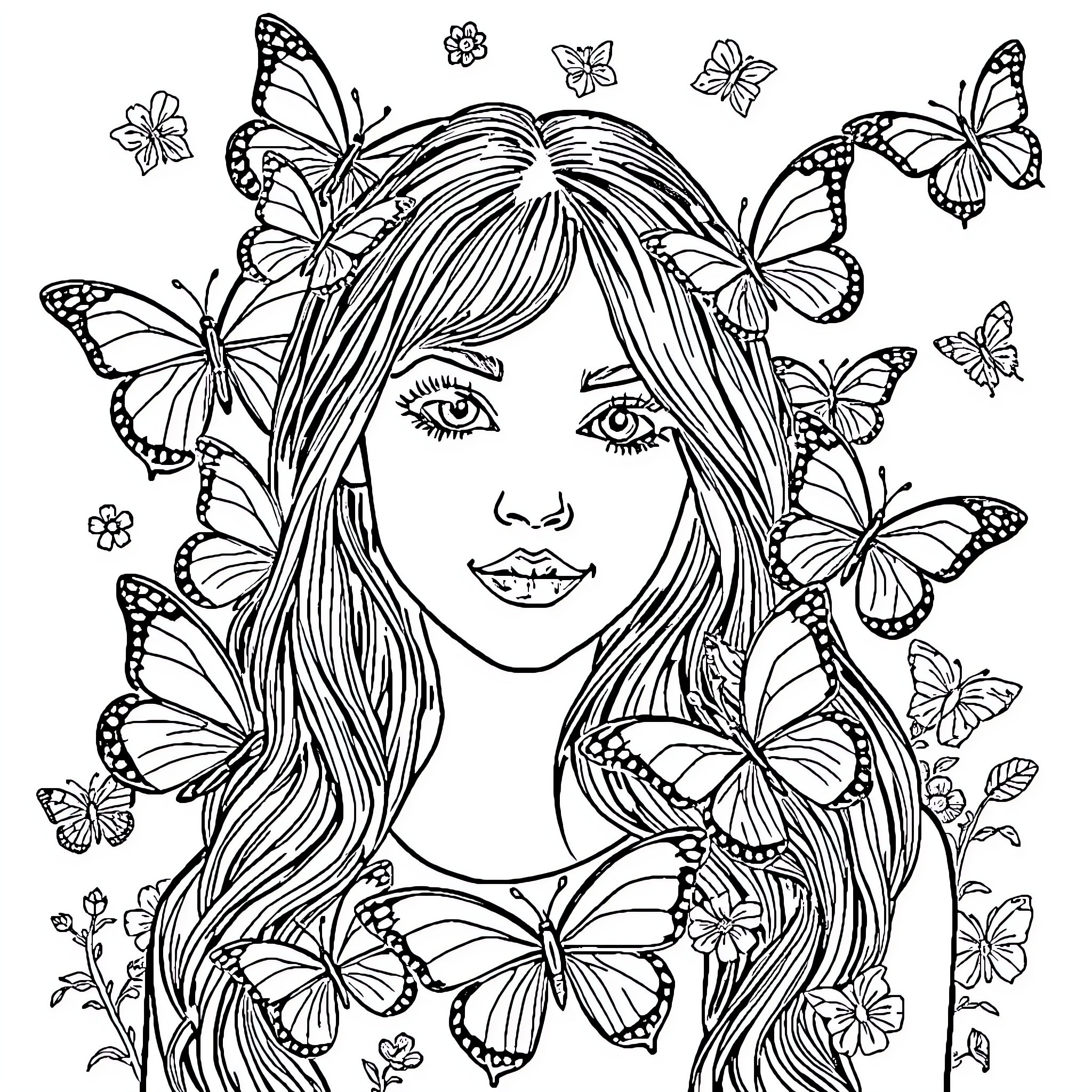 Sabrina Carpenter surrounded by butterflies and flowers Coloring Page (free black-and-white line drawing printable PDF for all, from beginners to advanced learners, including children, teens, adults, and seniors)