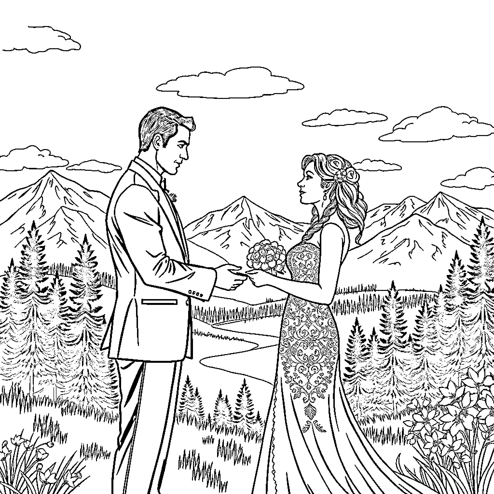 Wedding Couple Exchanging Vows in Mountain Landscape Coloring Page (free black-and-white line drawing printable PDF for all, from beginners to advanced learners, including children, teens, adults, and seniors)