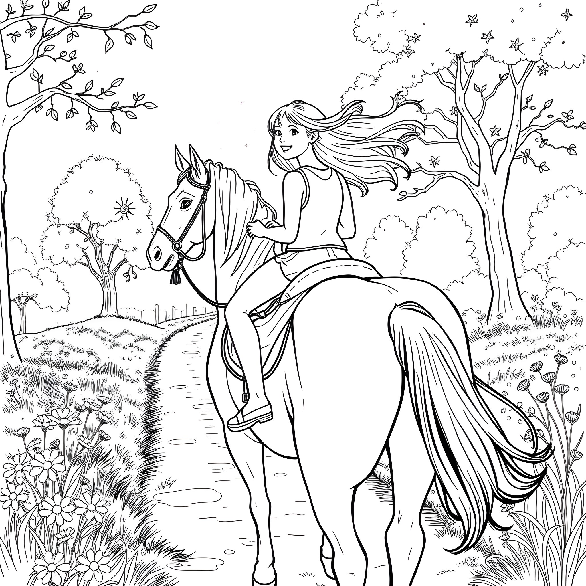 Teen Girl Riding a Majestic Horse in a Magical Forest Coloring Page (free black-and-white line drawing printable PDF for all, from beginners to advanced learners, including children, teens, adults, and seniors)