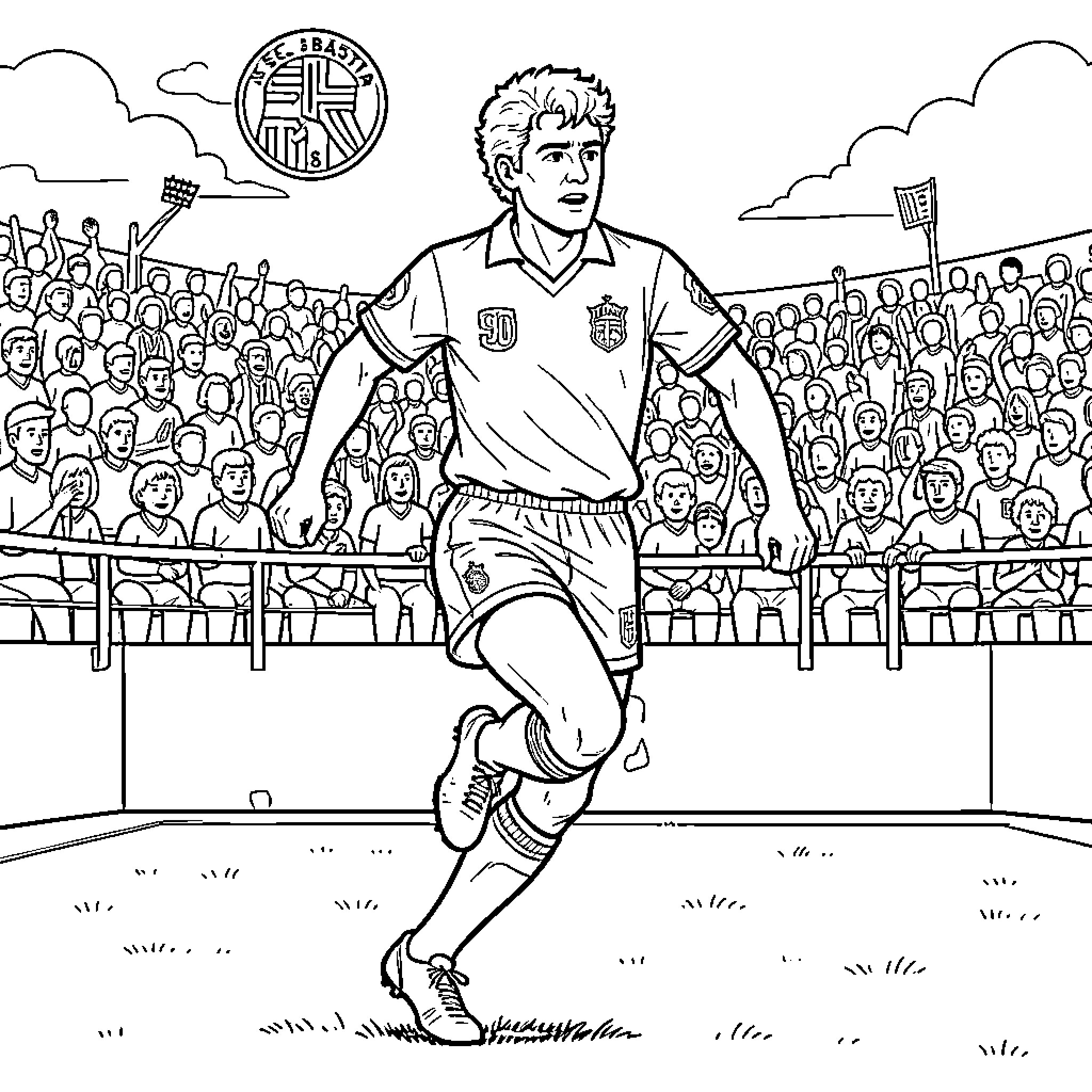 Soccer Player running on the field before a crowd Coloring Page (free black-and-white line drawing printable PDF for all, from beginners to advanced learners, including children, teens, adults, and seniors)
