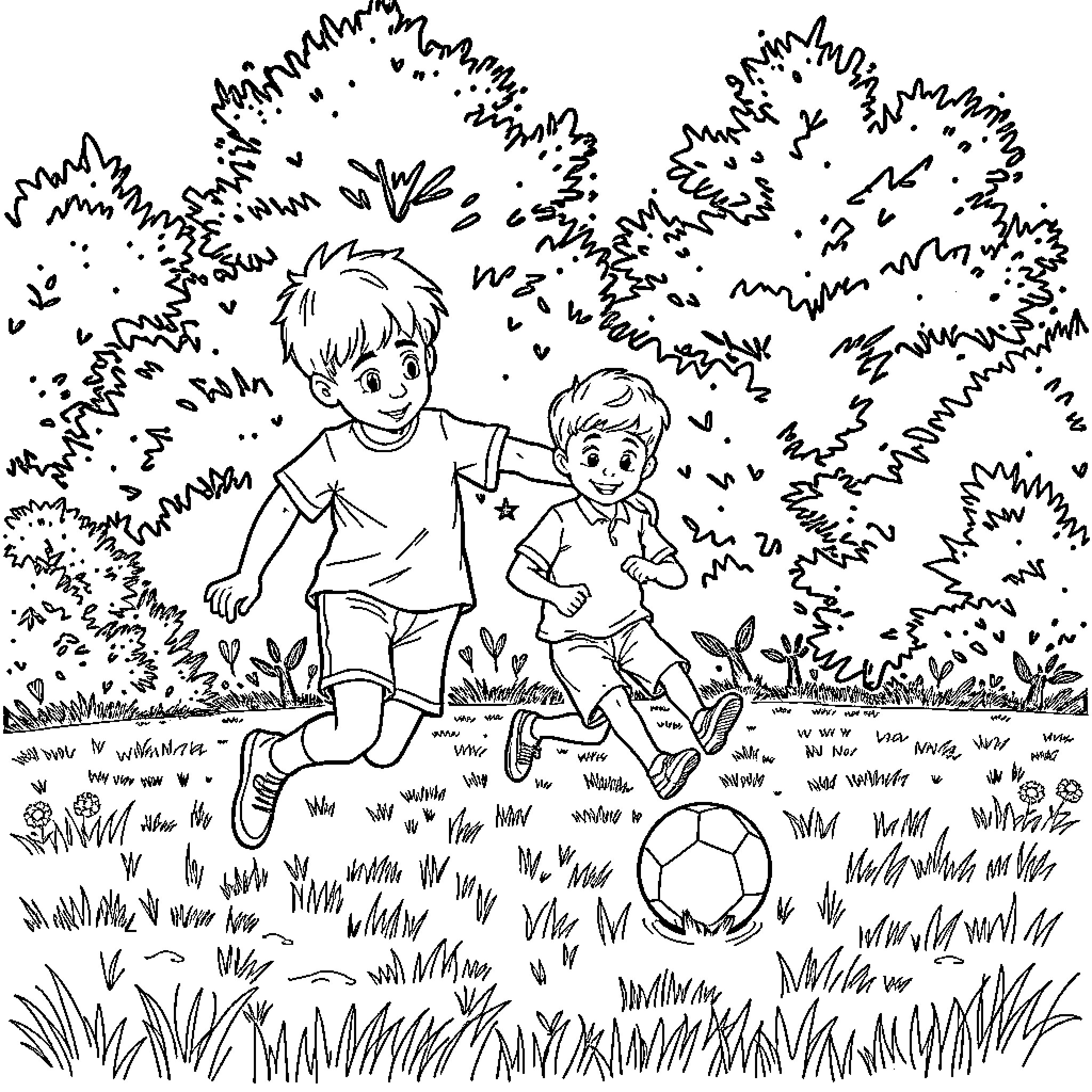Kid playing with soccer ball in the park Coloring Page (free black-and-white line drawing printable PDF for all, from beginners to advanced learners, including children, teens, adults, and seniors)