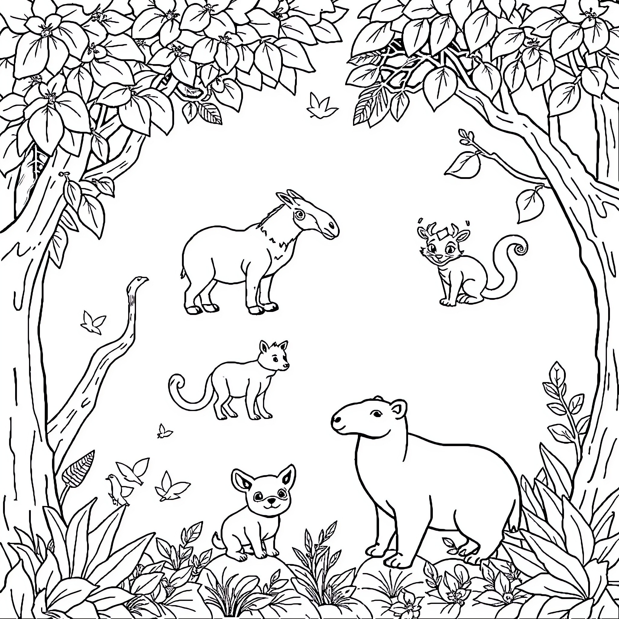 Animal Forest Scene with Wildlife Coloring Page (free black-and-white line drawing printable PDF for all, from beginners to advanced learners, including children, teens, adults, and seniors)