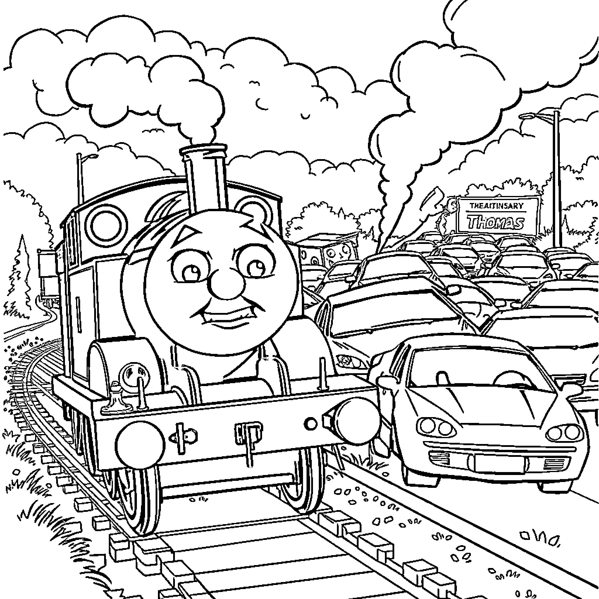 Thomas the train travels through the busy city Coloring Page (free black-and-white line drawing printable PDF for all, from beginners to advanced learners, including children, teens, adults, and seniors)