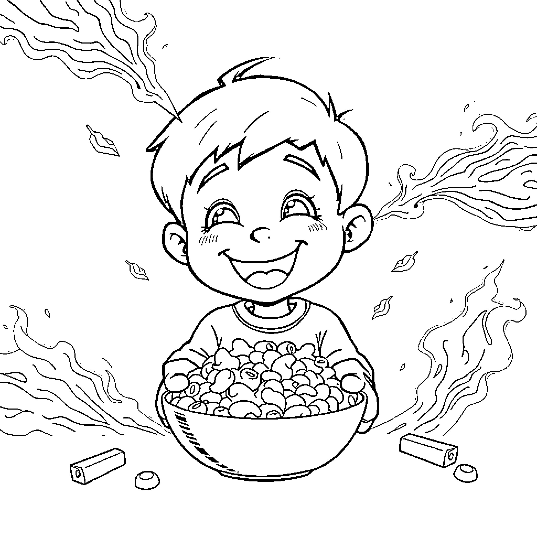 Boy enjoys a bowl of cereal on a windy day Coloring Page (free black-and-white line drawing printable PDF for all, from beginners to advanced learners, including children, teens, adults, and seniors)