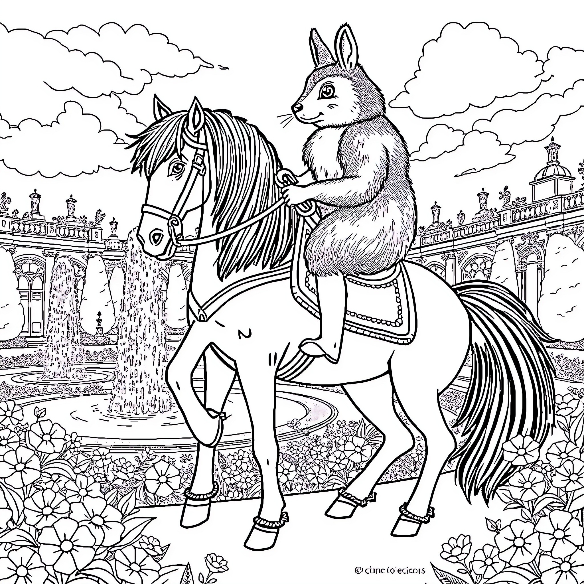 Kangaroo riding a horse in a magical garden Coloring Page (free black-and-white line drawing printable PDF for all, from beginners to advanced learners, including children, teens, adults, and seniors)