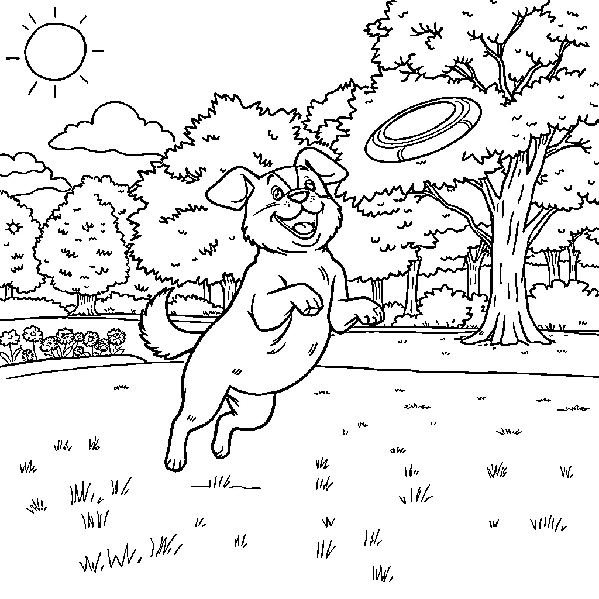 Dog playing joyfully with frisbee in the park Coloring Page (free black-and-white line drawing printable PDF for all, from beginners to advanced learners, including children, teens, adults, and seniors)