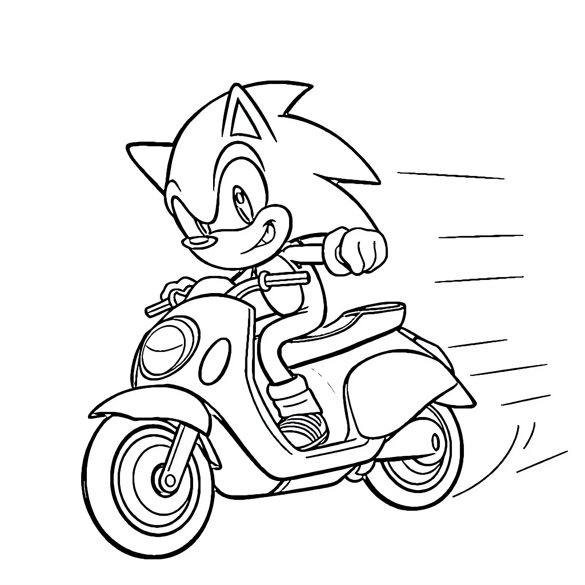 Sonic racing on a scooter with speed Coloring Page (free black-and-white line drawing printable PDF for all, from beginners to advanced learners, including children, teens, adults, and seniors)