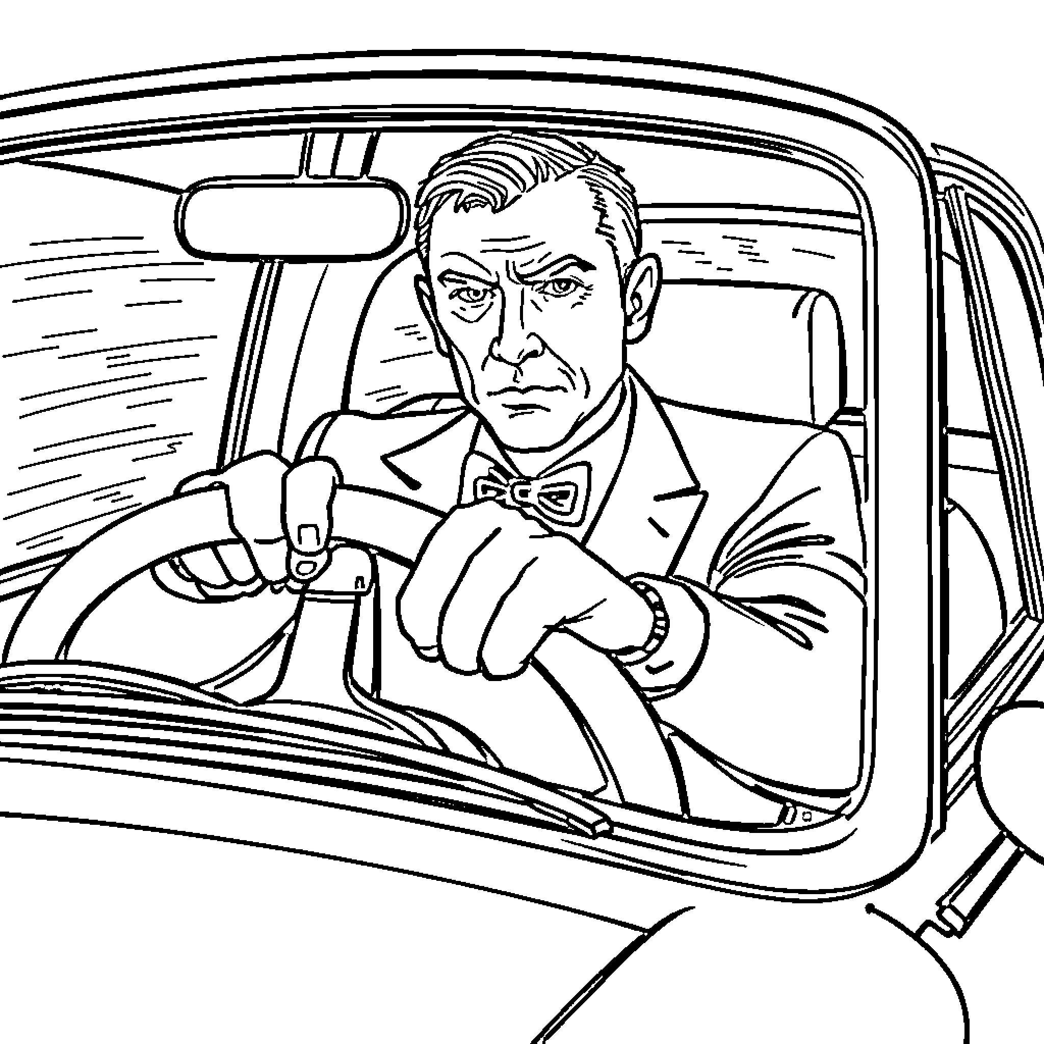 James Bond driving a car with a serious expression Coloring Page (free black-and-white line drawing printable PDF for all, from beginners to advanced learners, including children, teens, adults, and seniors)