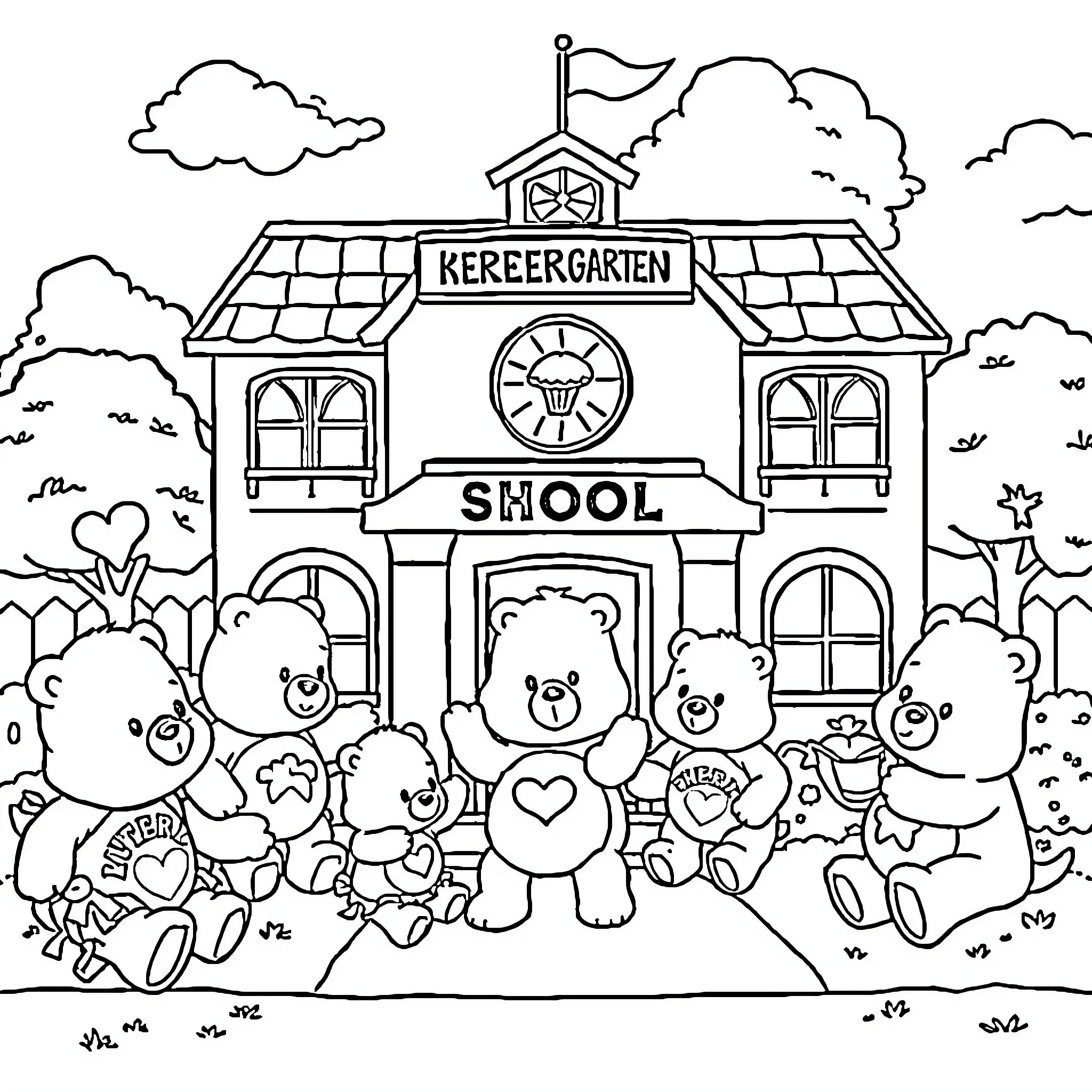 School Building with Playful Teddy Bears Coloring Page (free black-and-white line drawing printable PDF for all, from beginners to advanced learners, including children, teens, adults, and seniors)