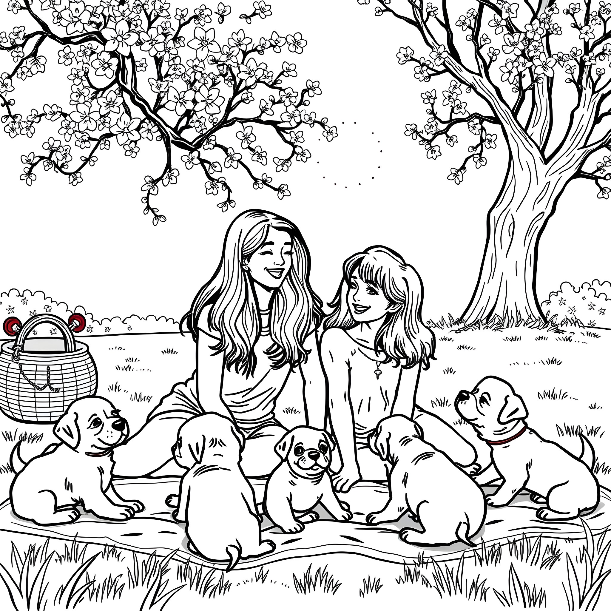 Friend Spending Quality Time with Pups in Floral Scenery Coloring Page (free black-and-white line drawing printable PDF for all, from beginners to advanced learners, including children, teens, adults, and seniors)