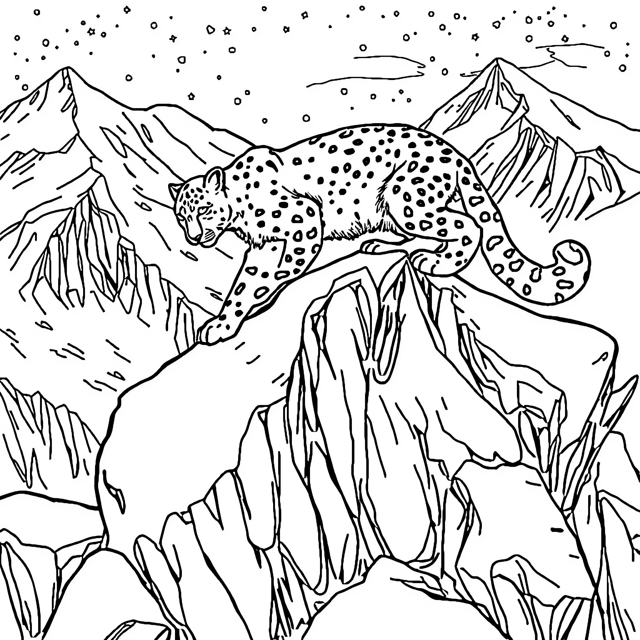 Snow Leopard Prowling Snowy Mountain Landscape Coloring Page (free black-and-white line drawing printable PDF for all, from beginners to advanced learners, including children, teens, adults, and seniors)