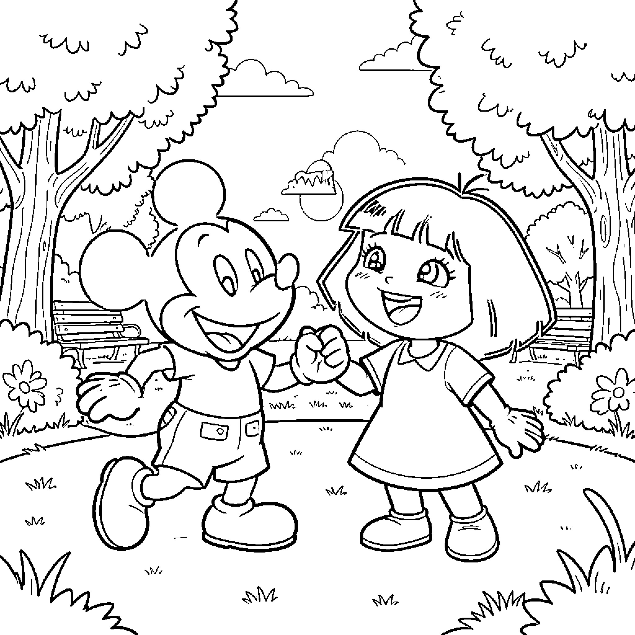 Mickey Mouse holding hands with a happy girl Coloring Page (free black-and-white line drawing printable PDF for all, from beginners to advanced learners, including children, teens, adults, and seniors)