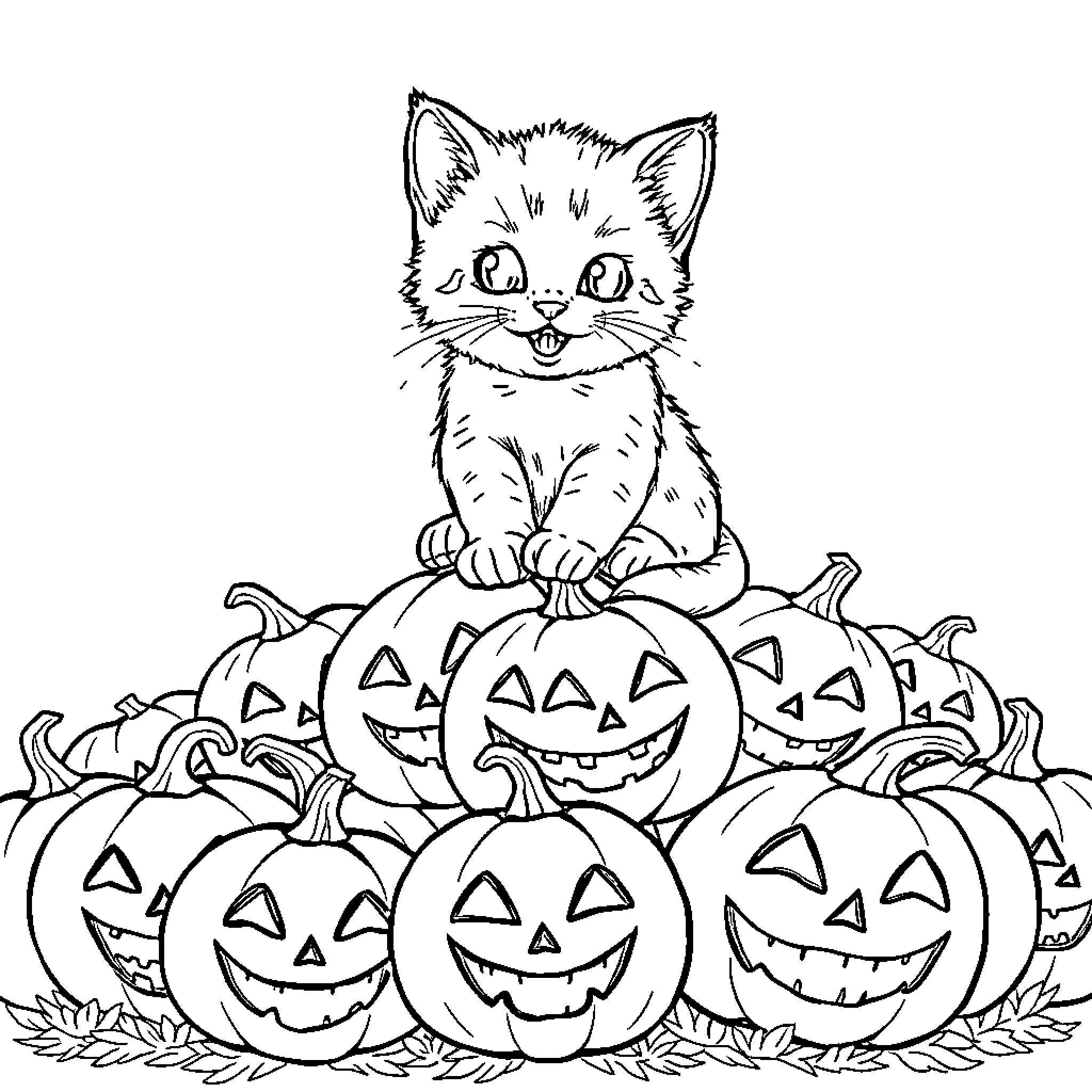 Kitten exploring Halloween pumpkins Coloring Page (free black-and-white line drawing printable PDF for all, from beginners to advanced learners, including children, teens, adults, and seniors)