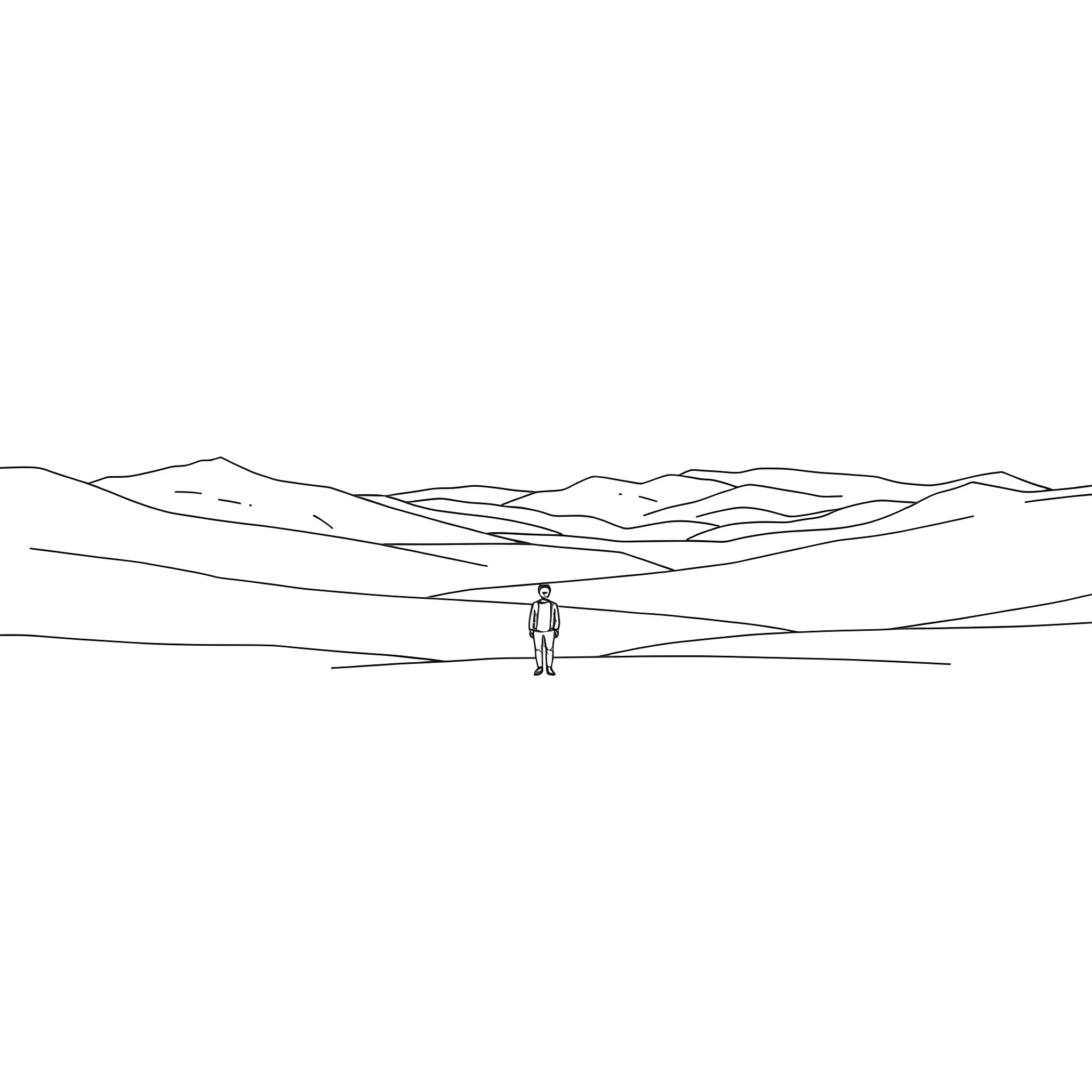 Empty mountainous landscape with lone figure Coloring Page (free black-and-white line drawing printable PDF for all, from beginners to advanced learners, including children, teens, adults, and seniors)