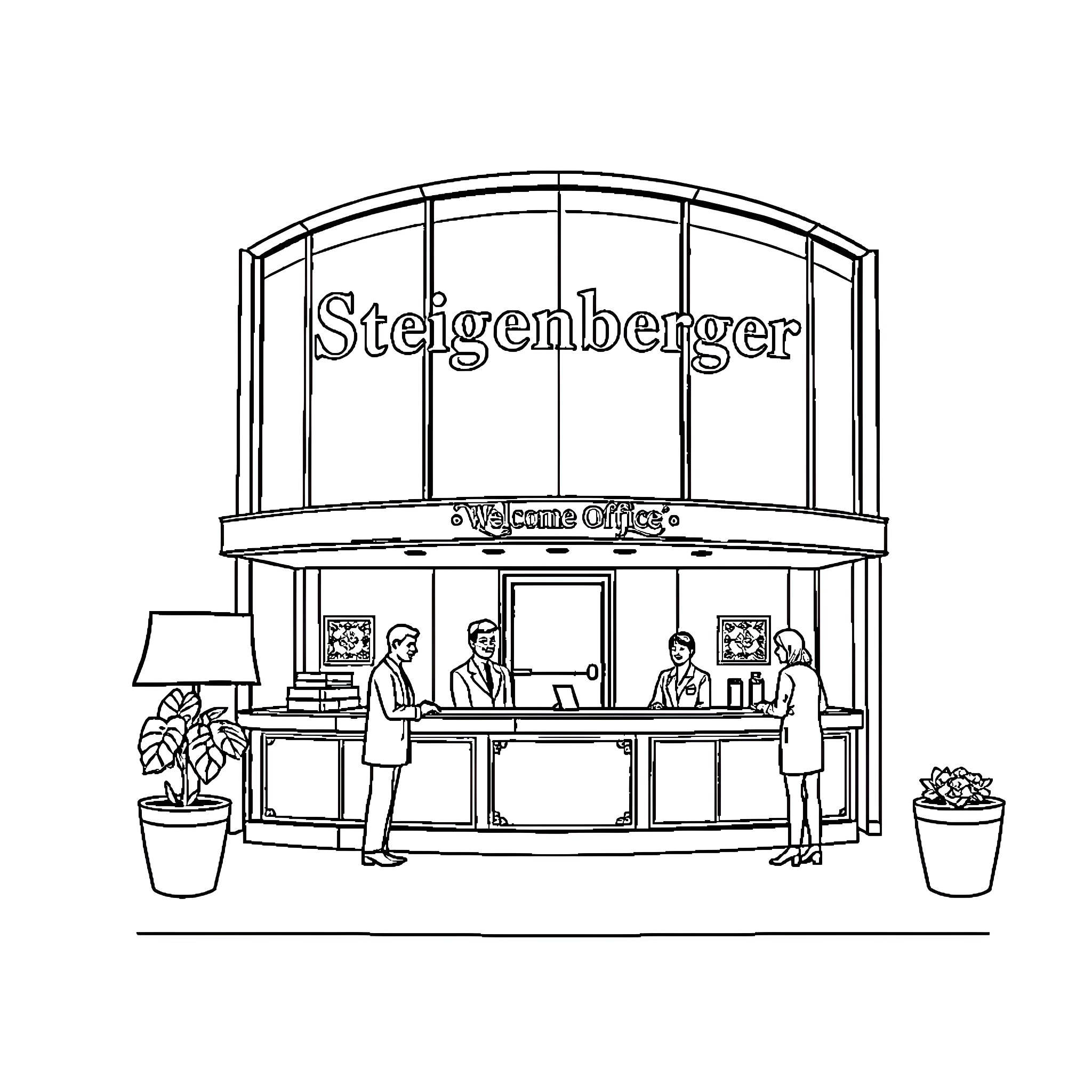 Hotel Steigenberger with Guests and Staff Coloring Page (free black-and-white line drawing printable PDF for all, from beginners to advanced learners, including children, teens, adults, and seniors)