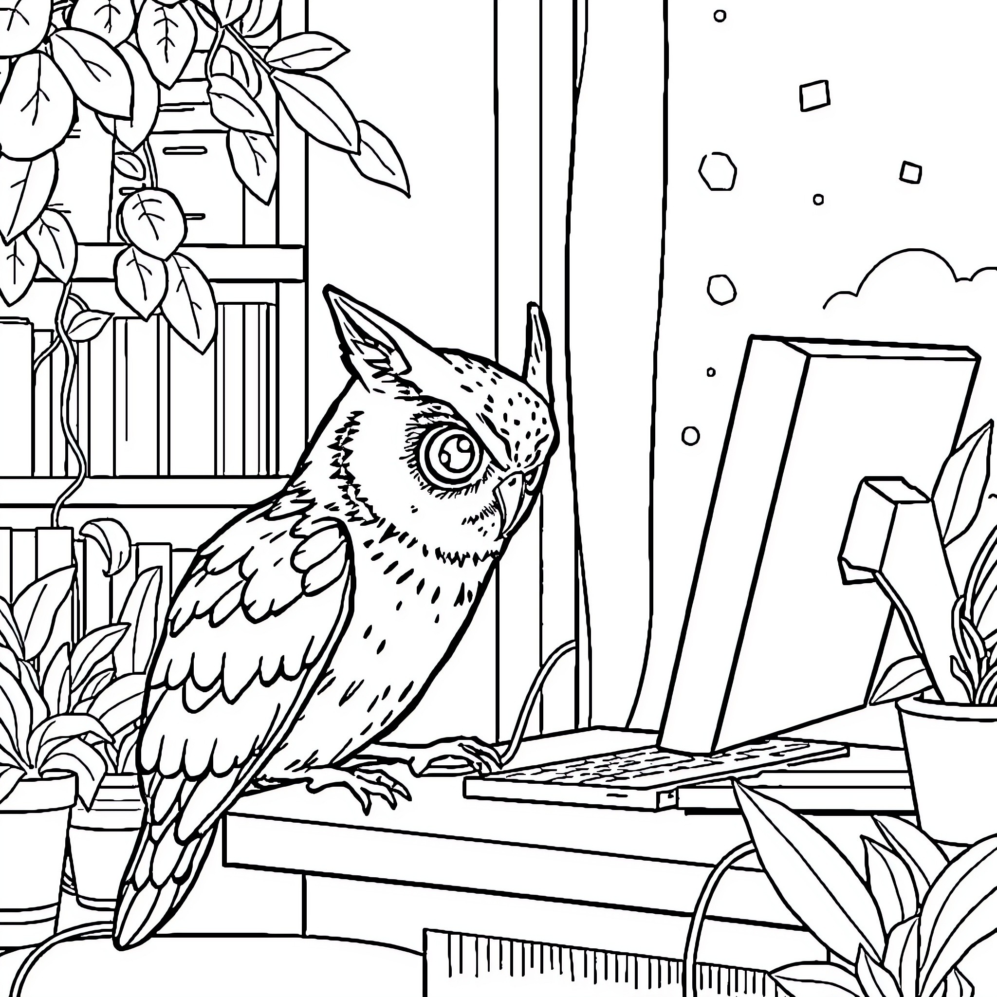 Squirrel perched on desk surrounded by nature Coloring Page (free black-and-white line drawing printable PDF for all, from beginners to advanced learners, including children, teens, adults, and seniors)