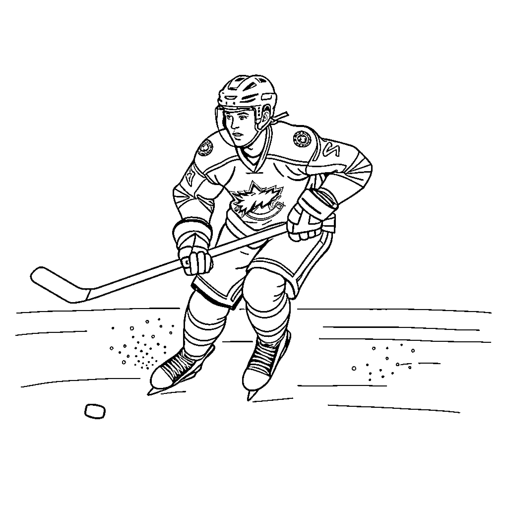Hockey Player Skating with Puck on Ice Rink Coloring Page (free black-and-white line drawing printable PDF for all, from beginners to advanced learners, including children, teens, adults, and seniors)