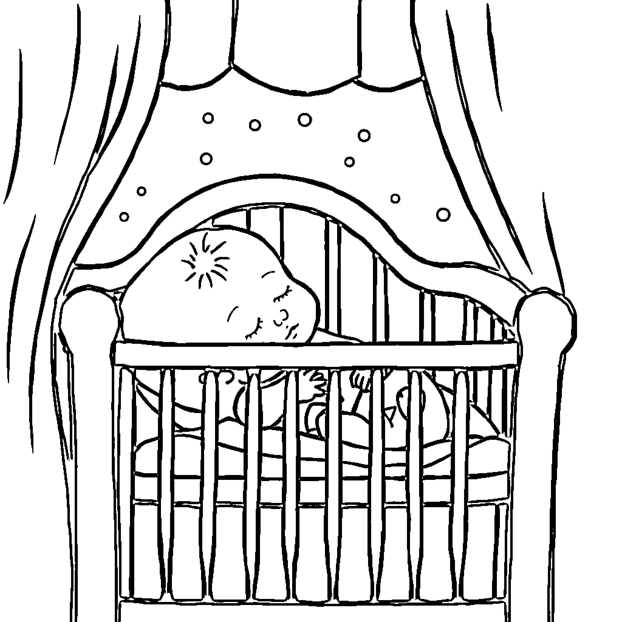 Baby sleeping peacefully in crib Coloring Page (free black-and-white line drawing printable PDF for all, from beginners to advanced learners, including children, teens, adults, and seniors)