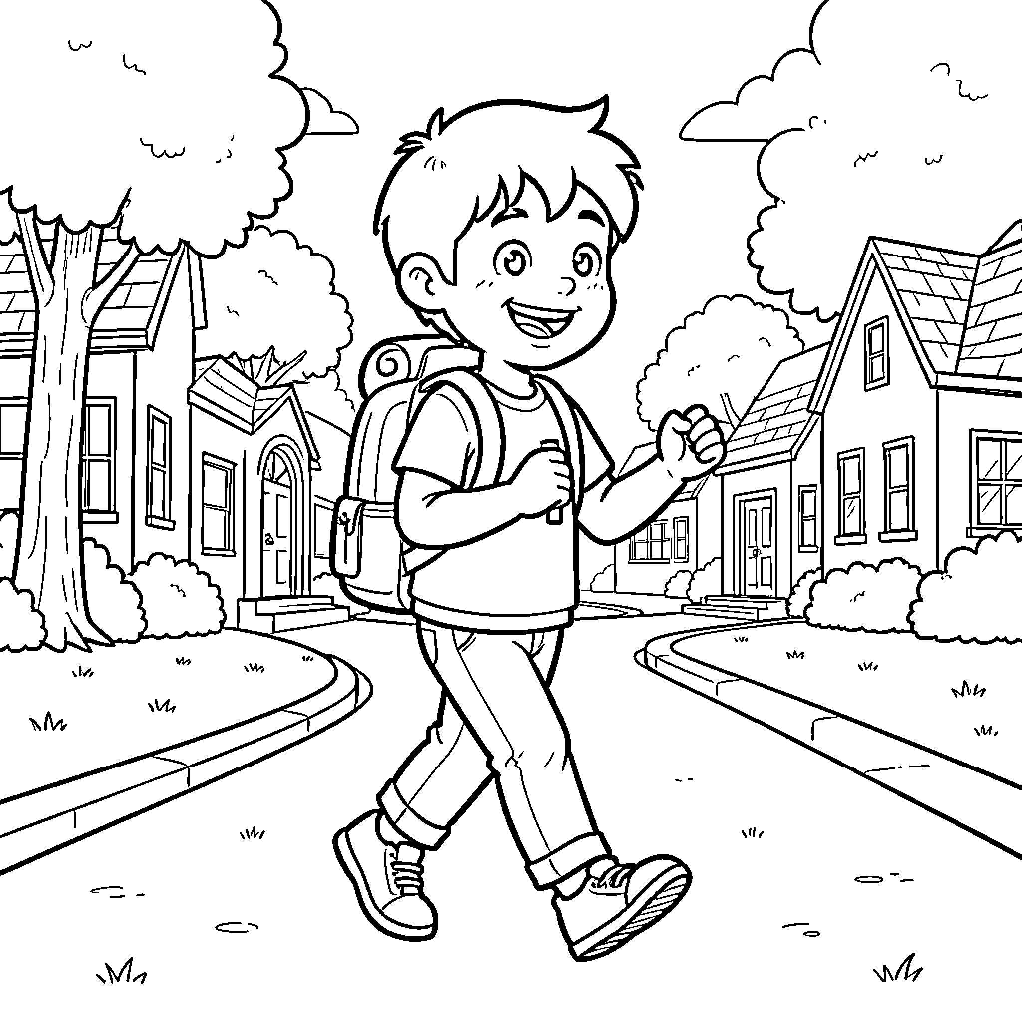Boy walking happily down the street Coloring Page (free black-and-white line drawing printable PDF for all, from beginners to advanced learners, including children, teens, adults, and seniors)