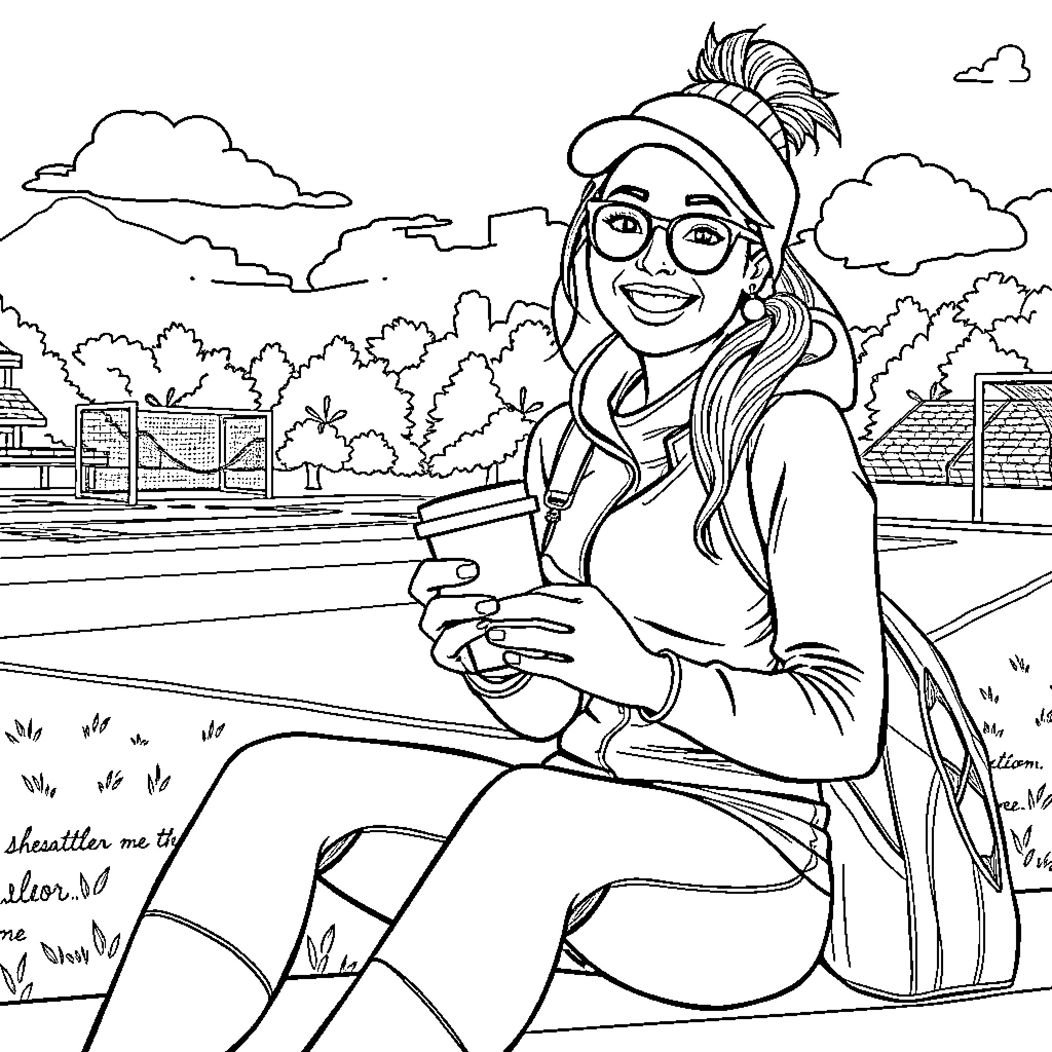 Soccer Mom Cheers From Sidelines in Casual Outfit Coloring Page (free black-and-white line drawing printable PDF for all, from beginners to advanced learners, including children, teens, adults, and seniors)