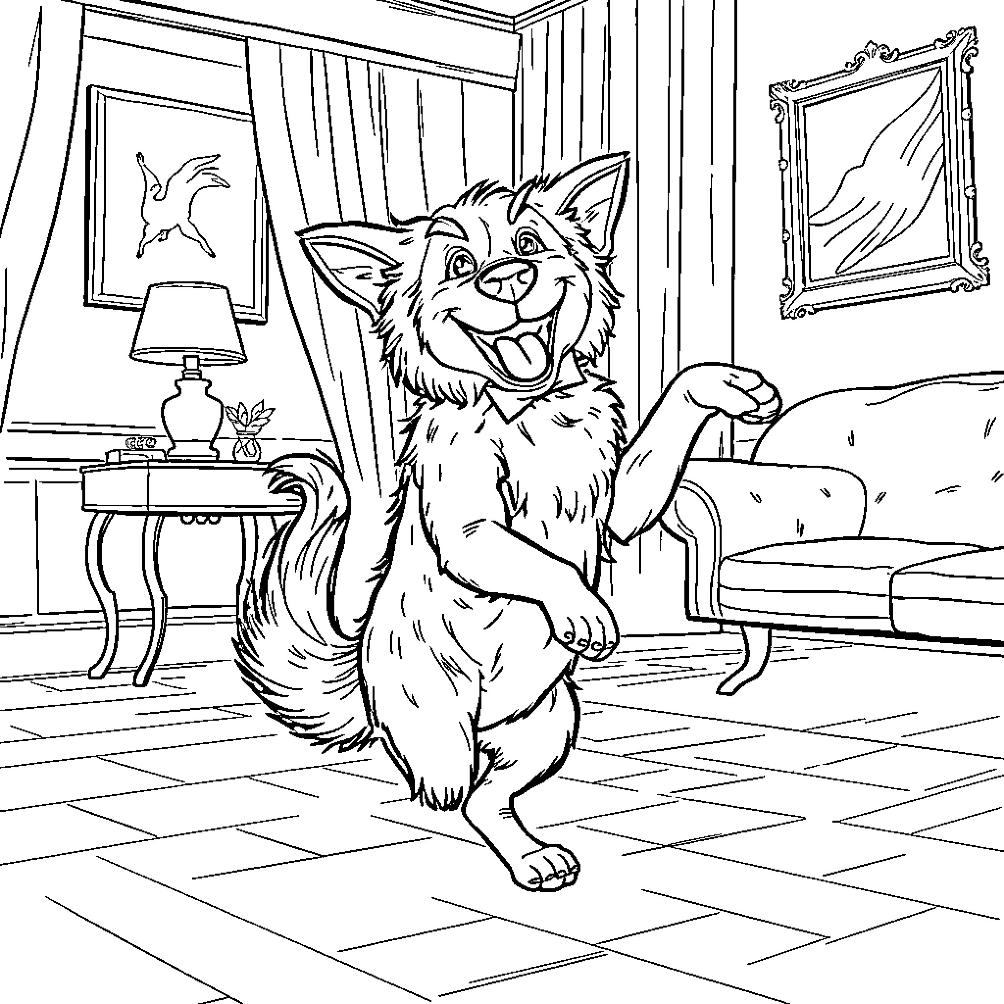 Dog playing happily in indoor room Coloring Page (free black-and-white line drawing printable PDF for all, from beginners to advanced learners, including children, teens, adults, and seniors)