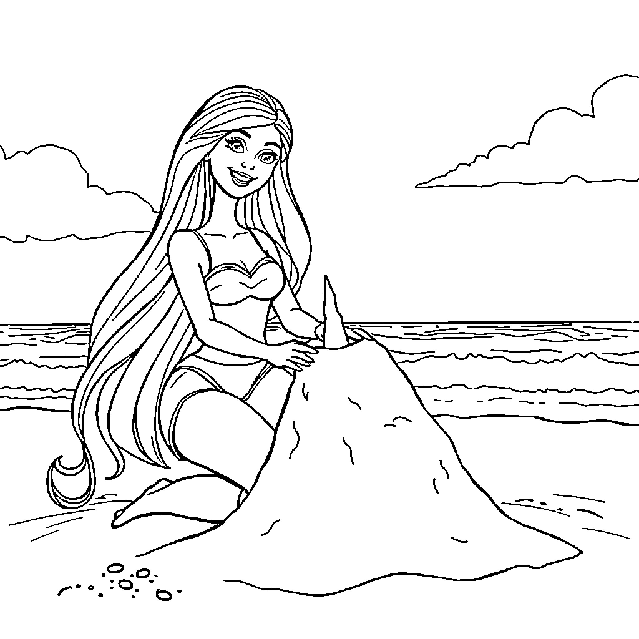 Barbie relaxing on the beach Coloring Page (free black-and-white line drawing printable PDF for all, from beginners to advanced learners, including children, teens, adults, and seniors)
