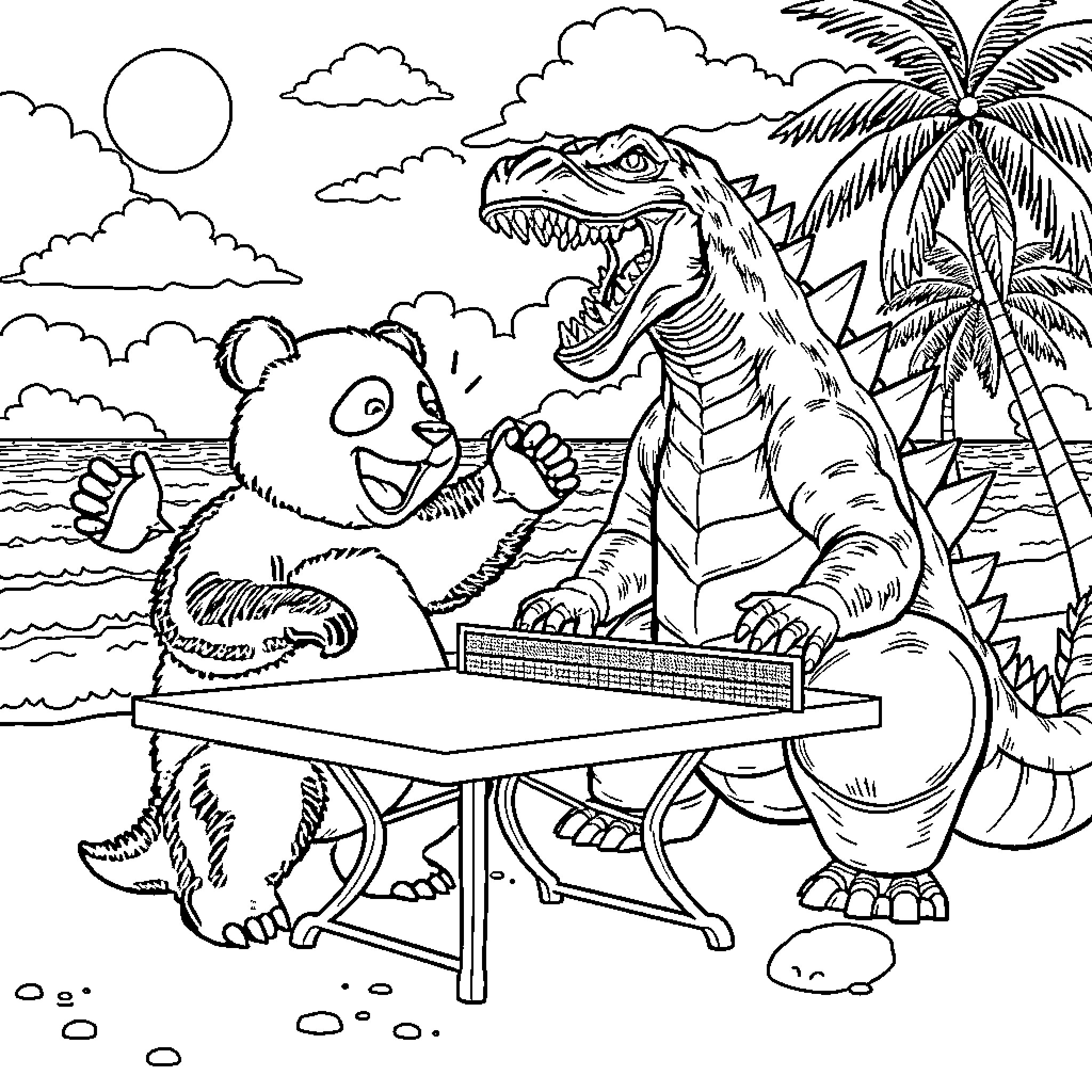 Panda playing table tennis with dinosaur on the beach Coloring Page (free black-and-white line drawing printable PDF for all, from beginners to advanced learners, including children, teens, adults, and seniors)