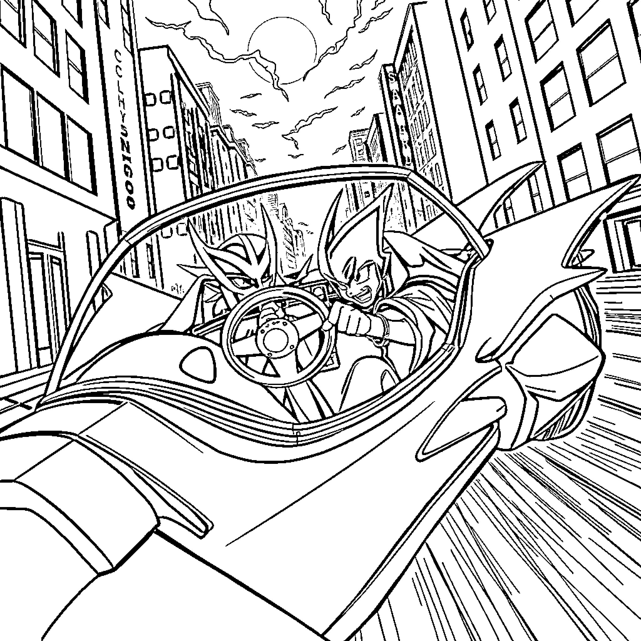 Yugioh character speeding through city streets Coloring Page (free black-and-white line drawing printable PDF for all, from beginners to advanced learners, including children, teens, adults, and seniors)