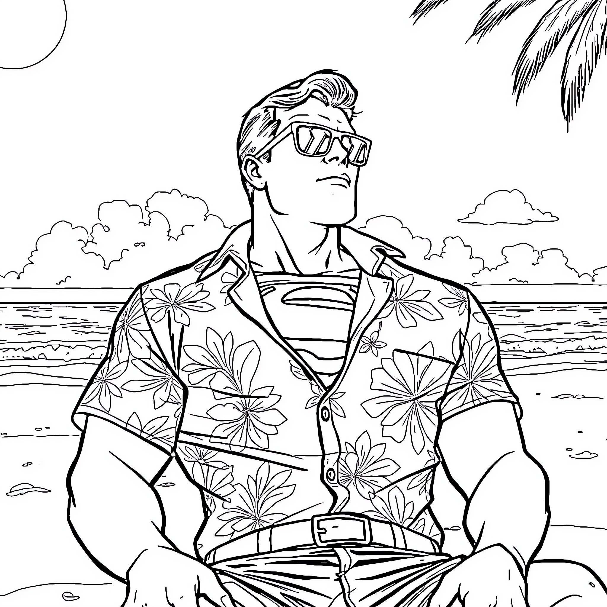 Superman enjoying a tropical vacation at the beach Coloring Page (free black-and-white line drawing printable PDF for all, from beginners to advanced learners, including children, teens, adults, and seniors)