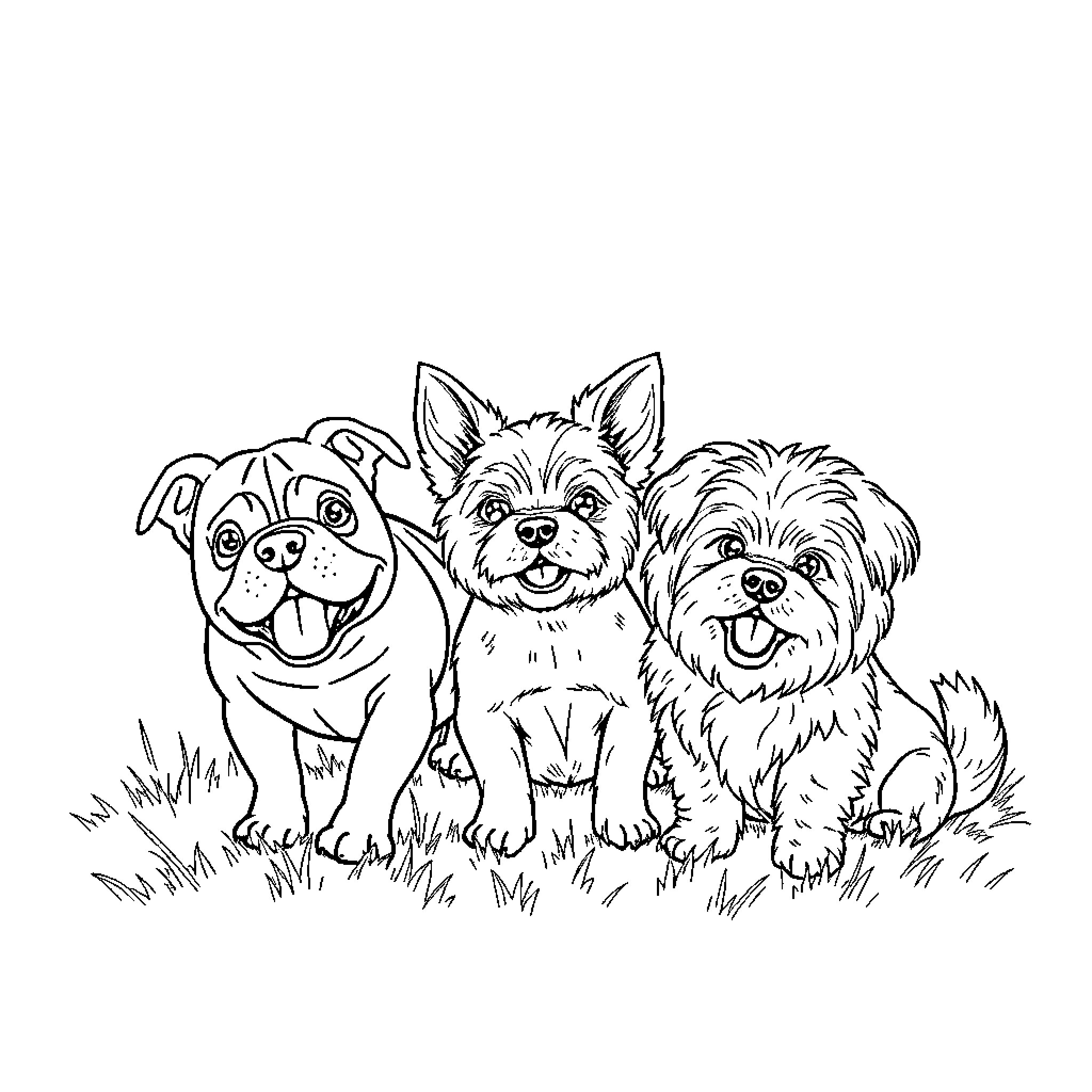 Dog friends playing together in the yard Coloring Page (free black-and-white line drawing printable PDF for all, from beginners to advanced learners, including children, teens, adults, and seniors)