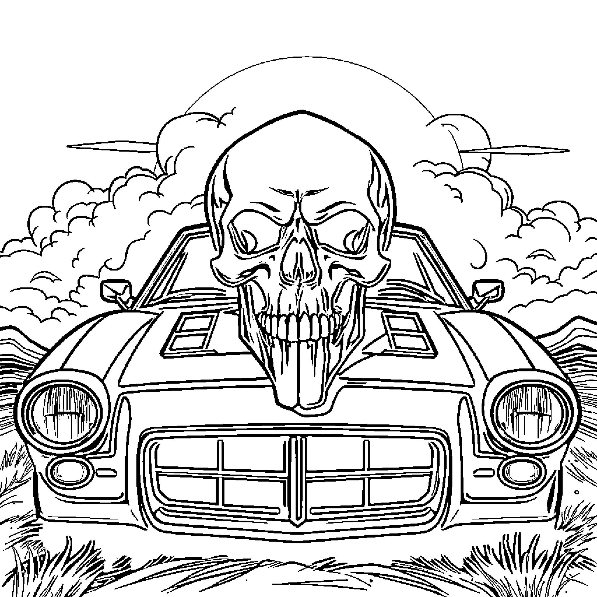Skull Car Racing Through the Clouds Coloring Page (free black-and-white line drawing printable PDF for all, from beginners to advanced learners, including children, teens, adults, and seniors)